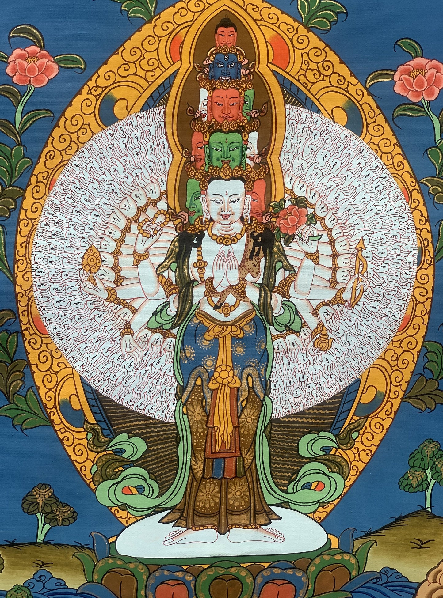 Original Hand-painted 1000 Armed Sahasrabhuja Avalokiteshvara Lokeshvara Chenrezig Tibetan Thangka Painting  with Silk Brocade