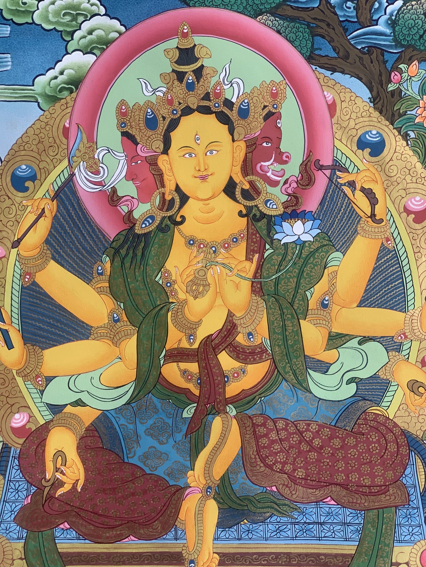 Marichi Thangka Painting | Hand-Painted Tibetan Goddess of Dawn Art with Silk Brocade