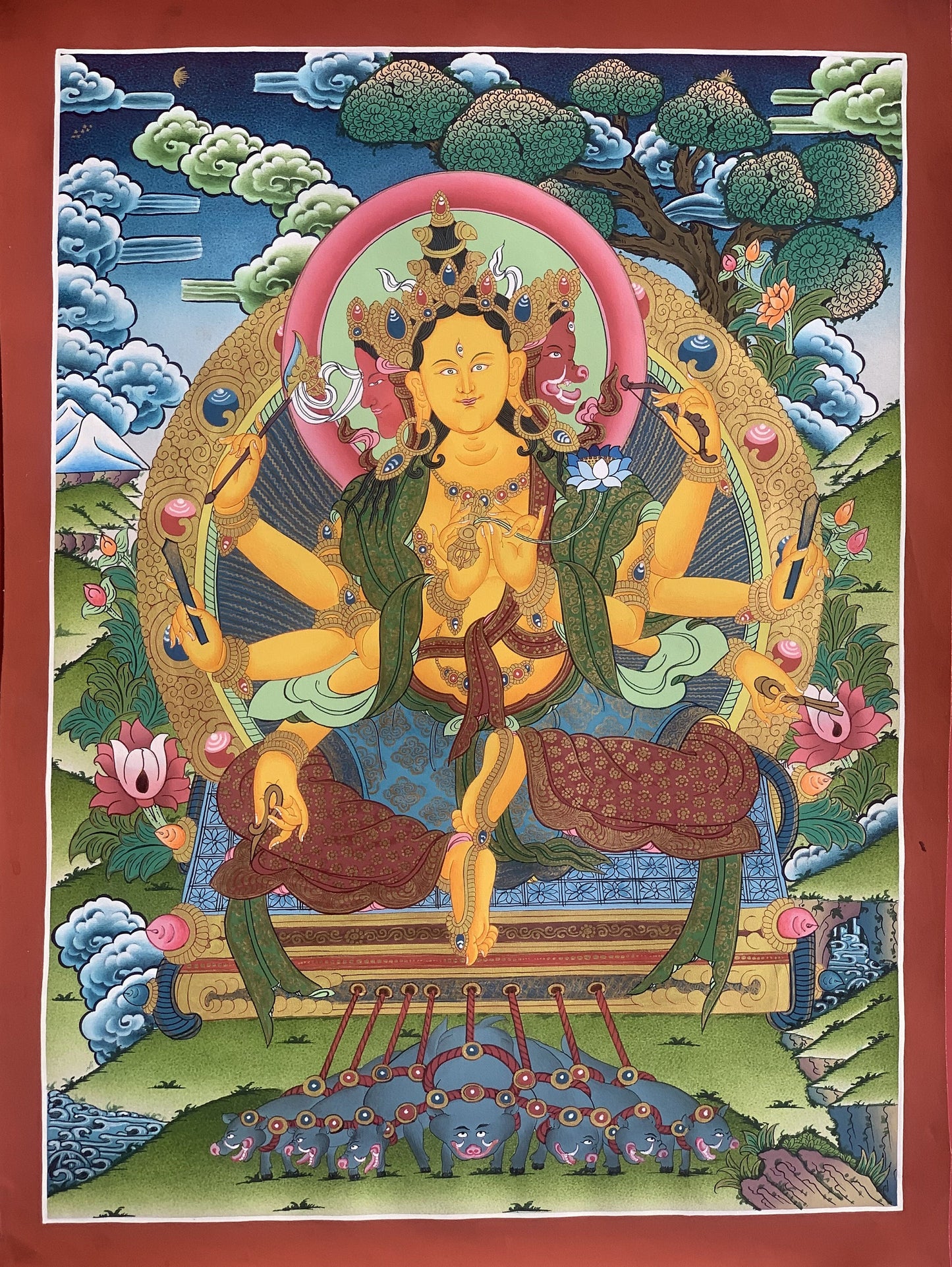 Marichi Thangka Painting | Hand-Painted Tibetan Goddess of Dawn Art with Silk Brocade