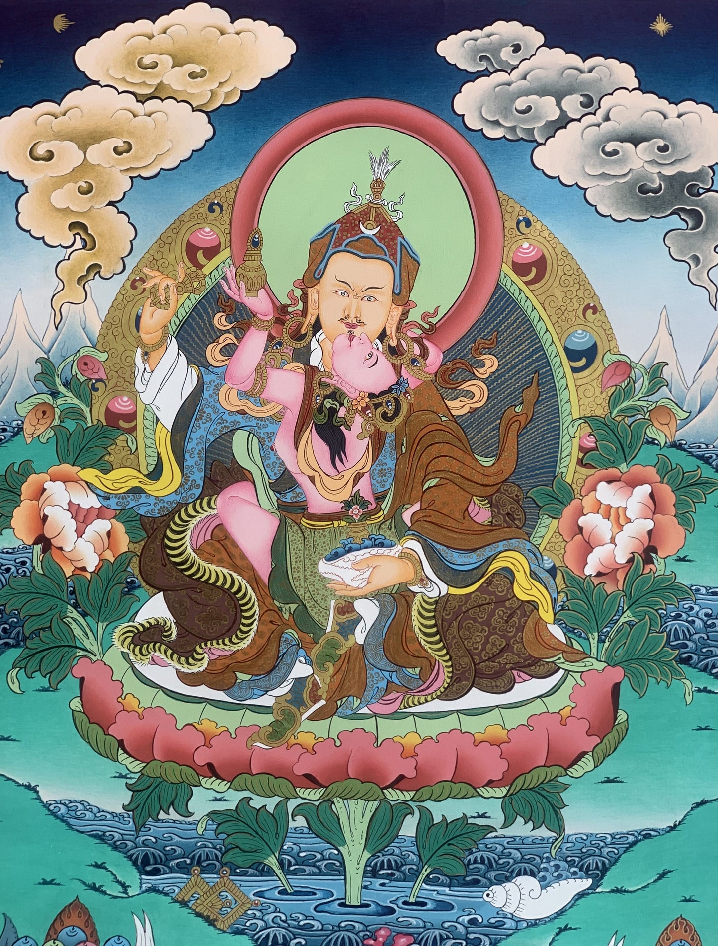 Guru Padmasambhava with Shakti Mandarava Thangka Hand Painted Tibetan Buddhist Art