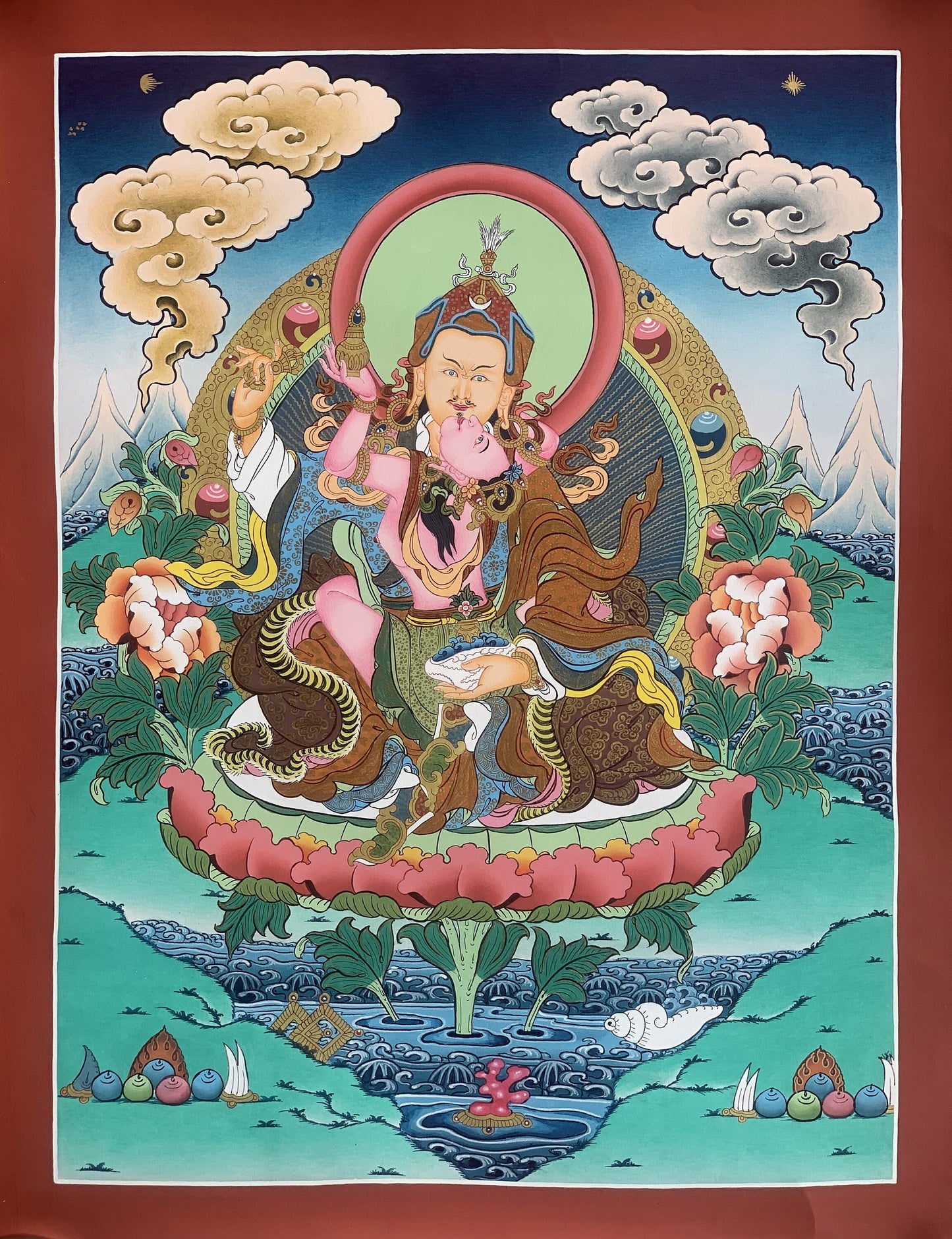 Guru Padmasambhava with Shakti Mandarava Thangka Hand Painted Tibetan Buddhist Art