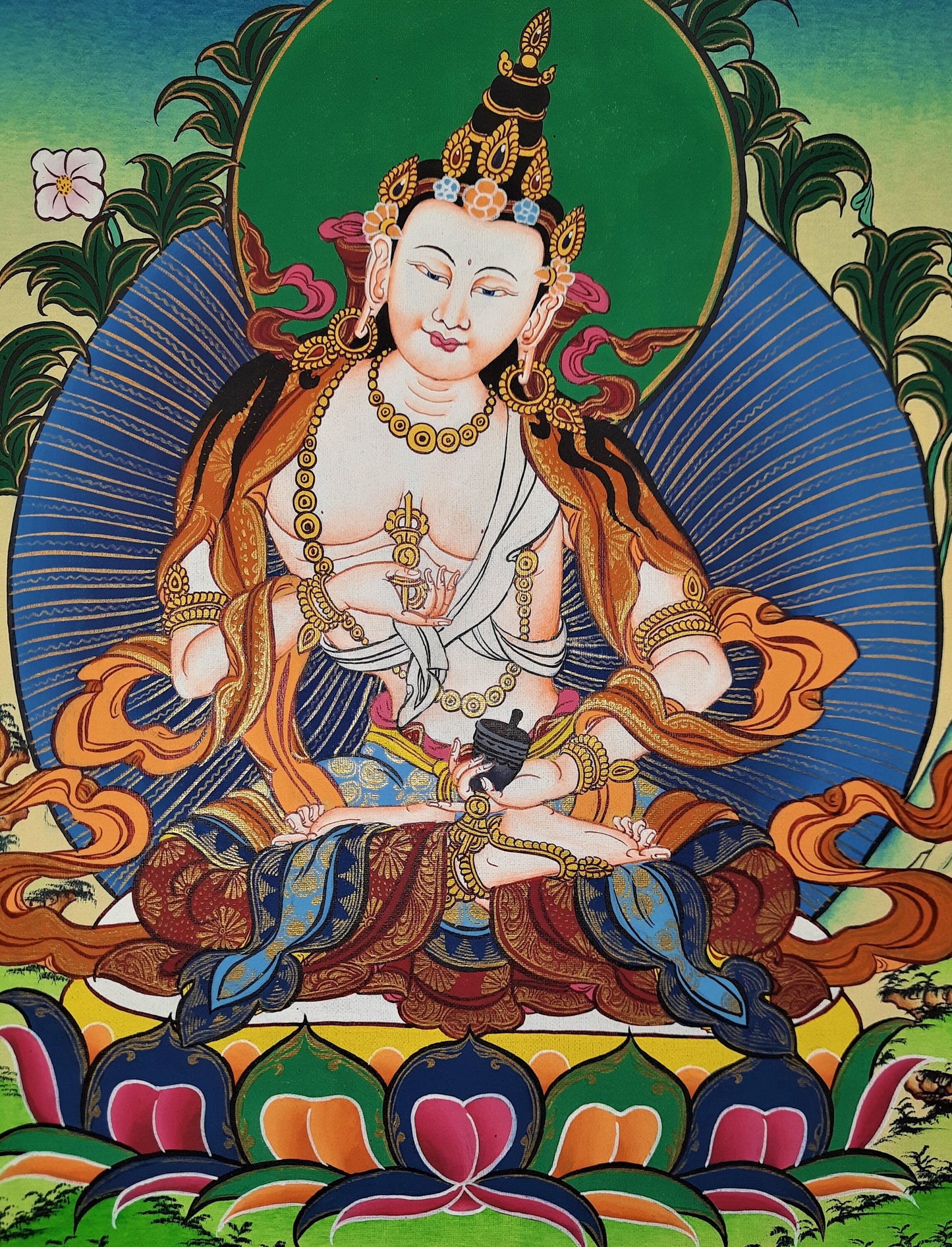 24K Gold Vajrasattva Thangka Painting, Meditation Art with Silk Frame