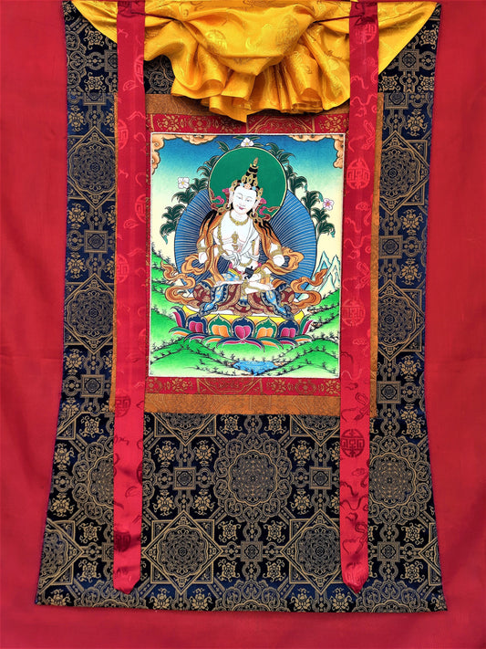 24K Gold Vajrasattva Thangka Painting, Meditation Art with Silk Frame