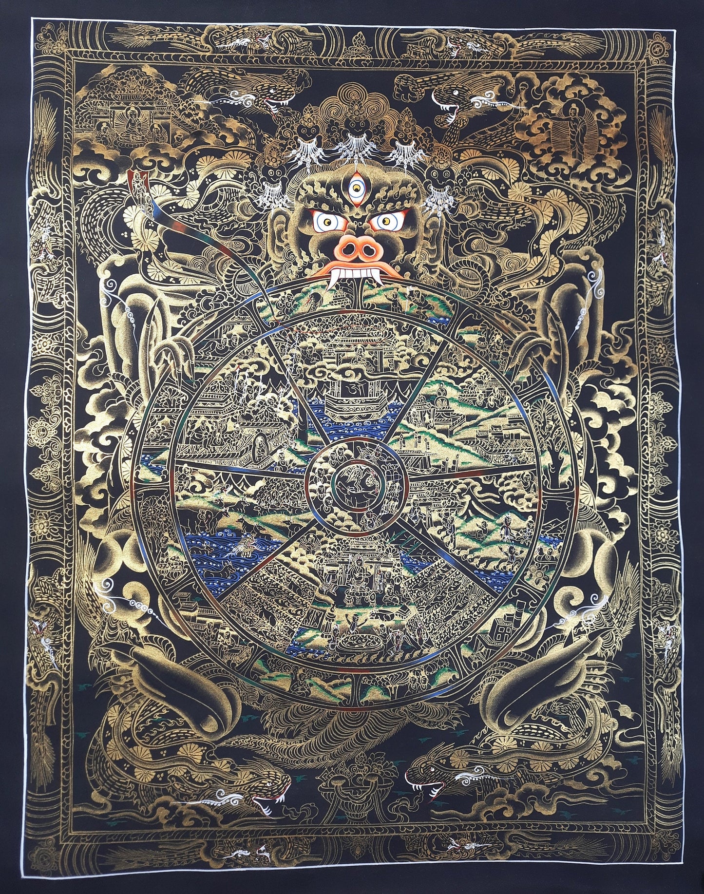 Hand-Painted Wheel of Life Mandala Thangka – Tibetan Buddhist Wall Hanging