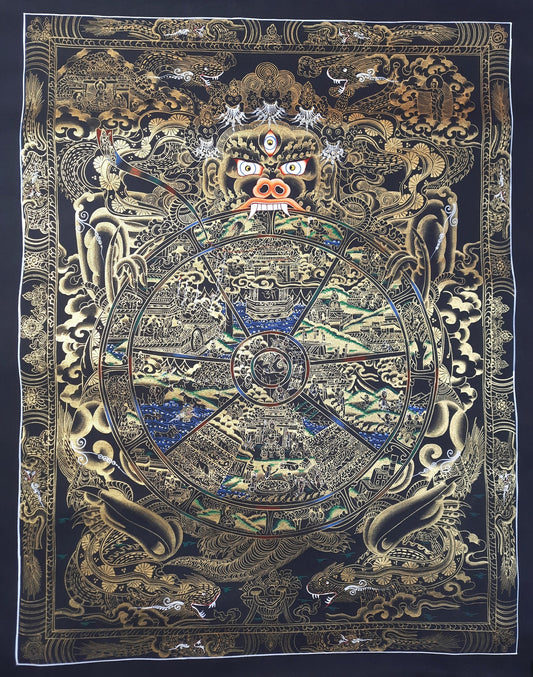 Hand-Painted Wheel of Life Mandala Thangka – Tibetan Buddhist Wall Hanging
