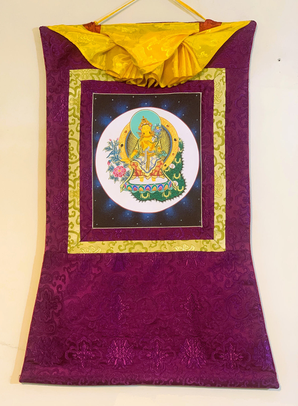 Maitreya Buddha/ Future Buddha Tibetan Thangka Painting Original Art Bordered with Silk