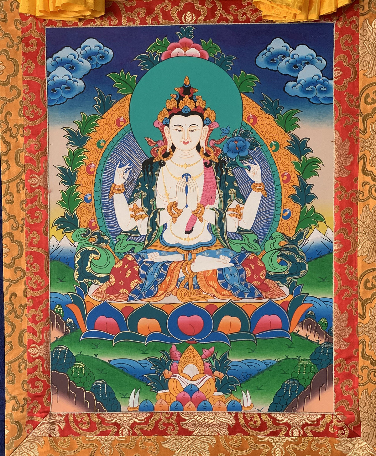 Chyangresi Chenrezig Thangka Painting with Silk Brocade (28x44 Inches)