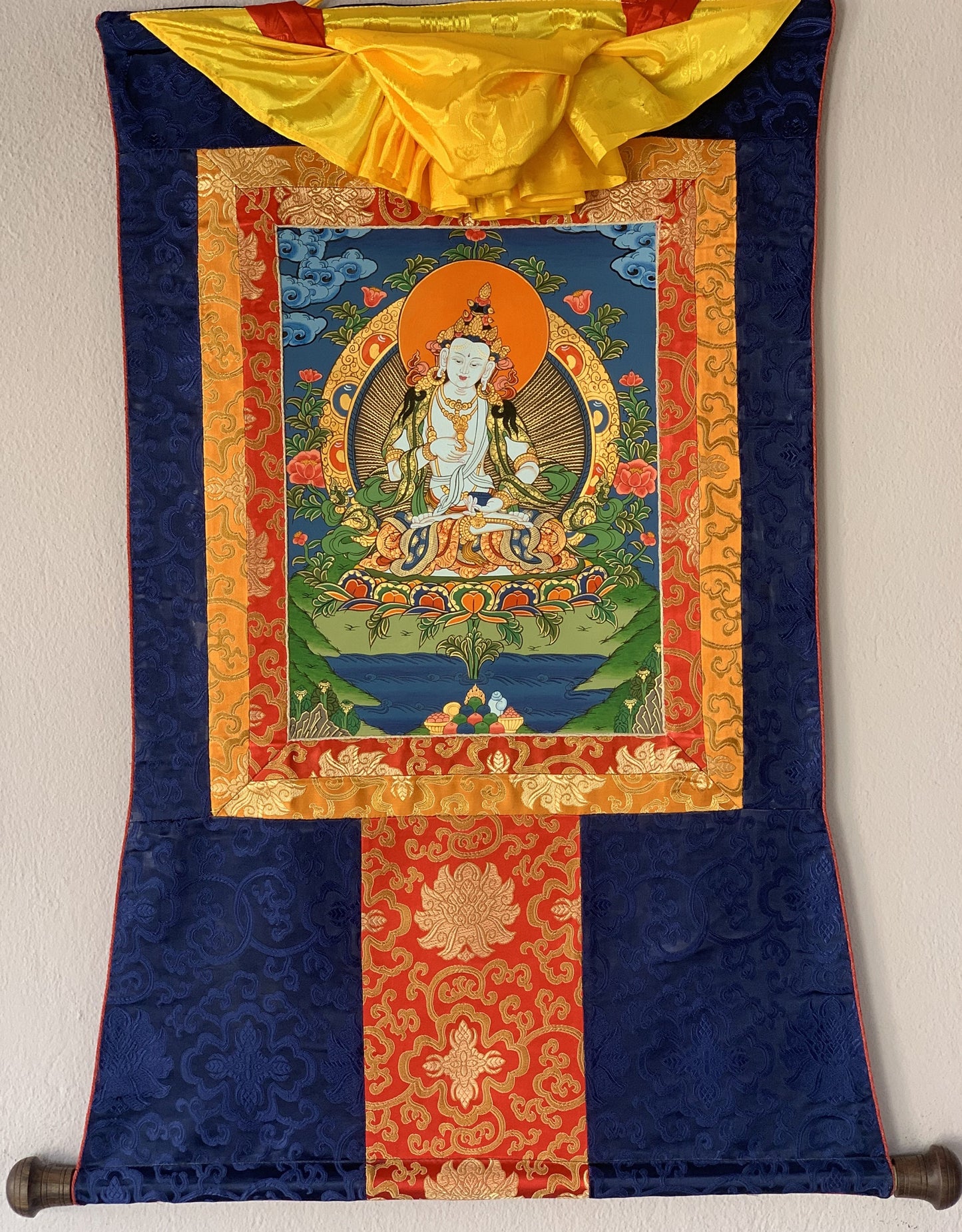 Hand-painted Vajrasattva, Dhyani Buddha, Purification, Thangka  Painting  with Silk Brocade