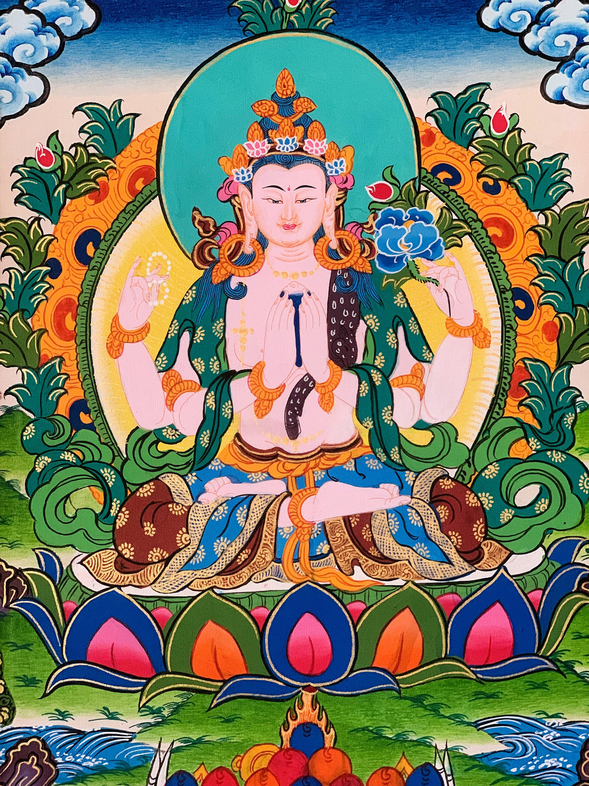 Chenrezig Thangka Painting with Silk Brocade, Tibetan Art