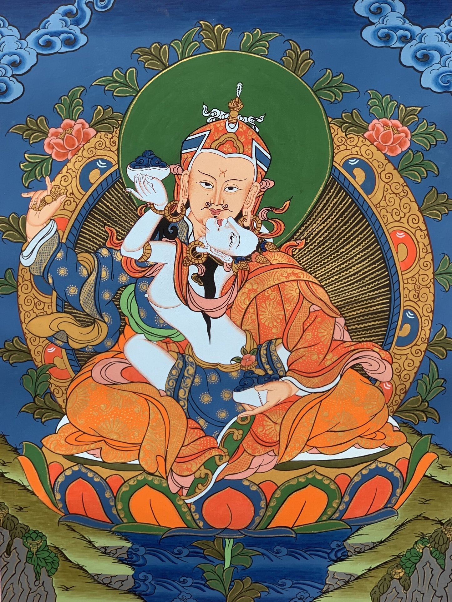 Hand-Painted Padmasambhava Thangka – Guru Rinpoche, Silk Brocade Tibetan Art