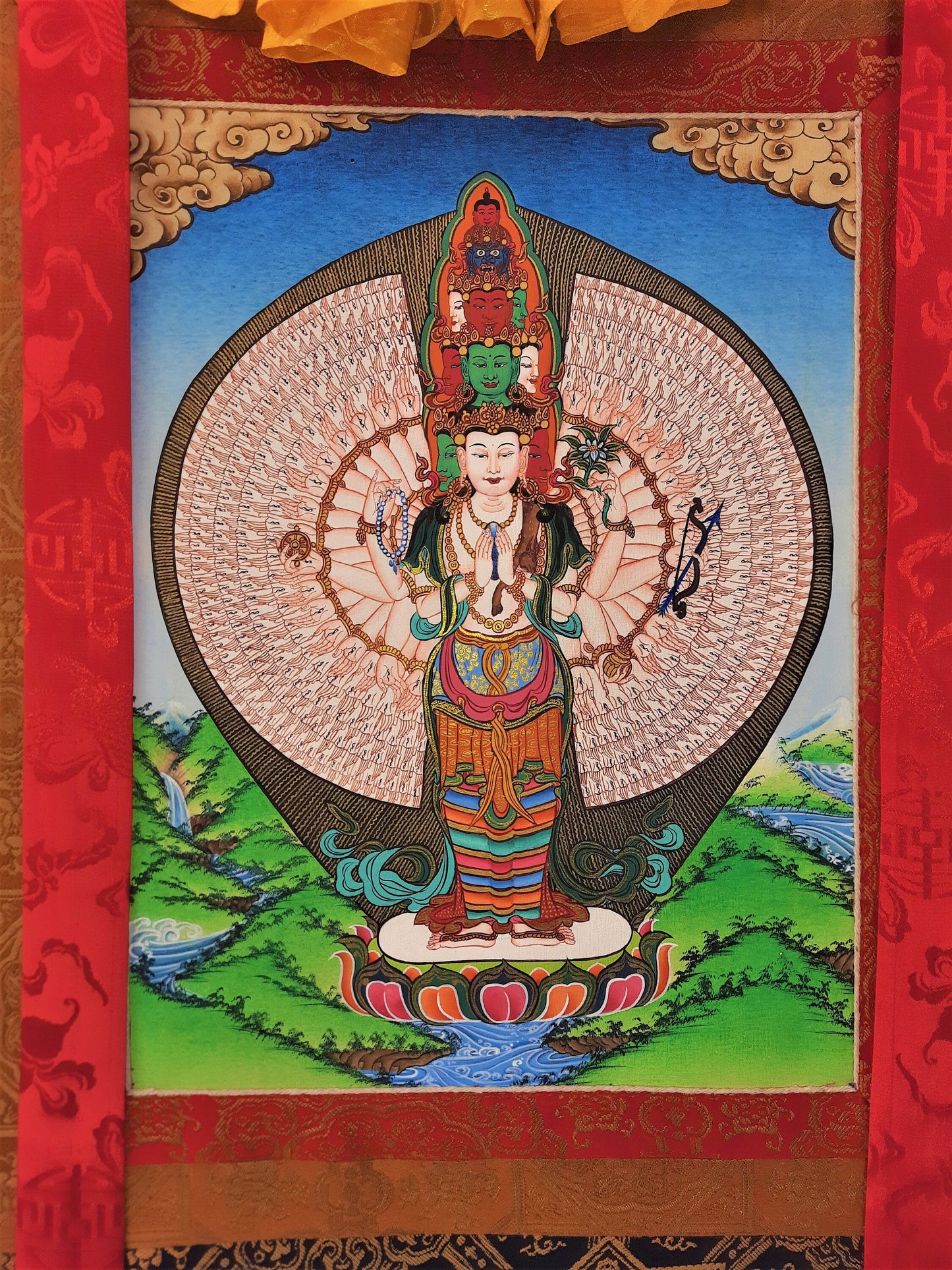 Hand-Painted 1000 Armed Avalokiteshvara Thanka, 24k Gold, Silk Framed