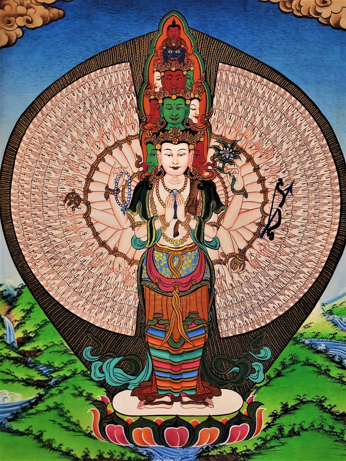 Hand-Painted 1000 Armed Avalokiteshvara Thanka, 24k Gold, Silk Framed