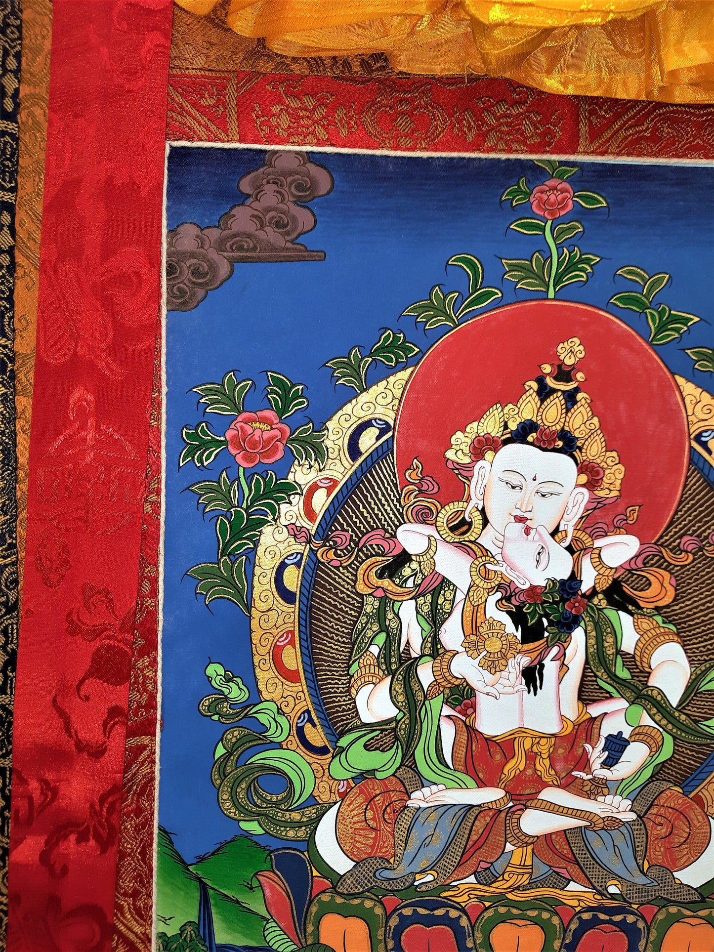 Hand-Painted Vajrasattva Shakti Thangka Painting, Silk Brocade Frame