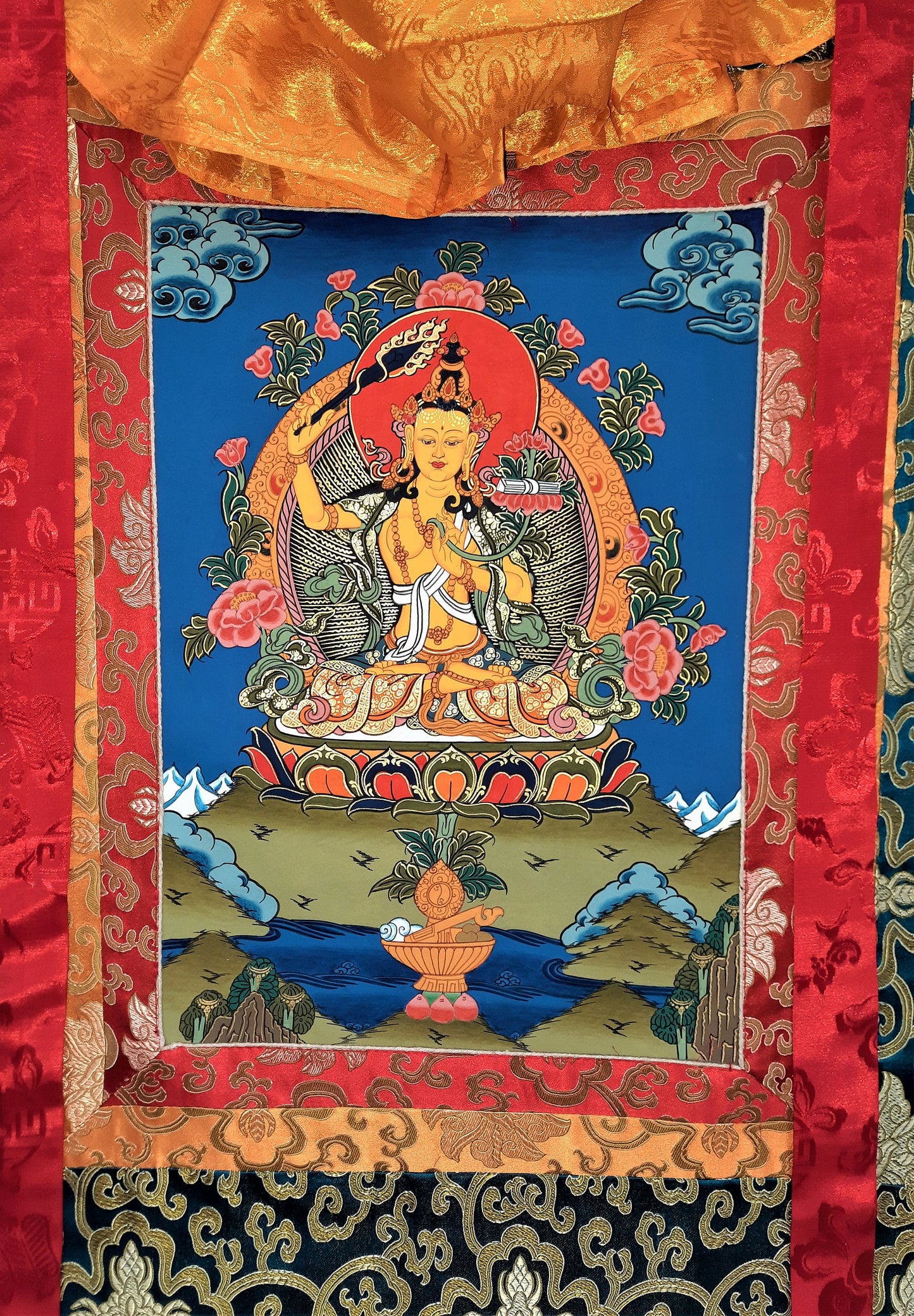 Hand-Painted Manjushri Thangka – Tibetan God of Wisdom, Silk Framed