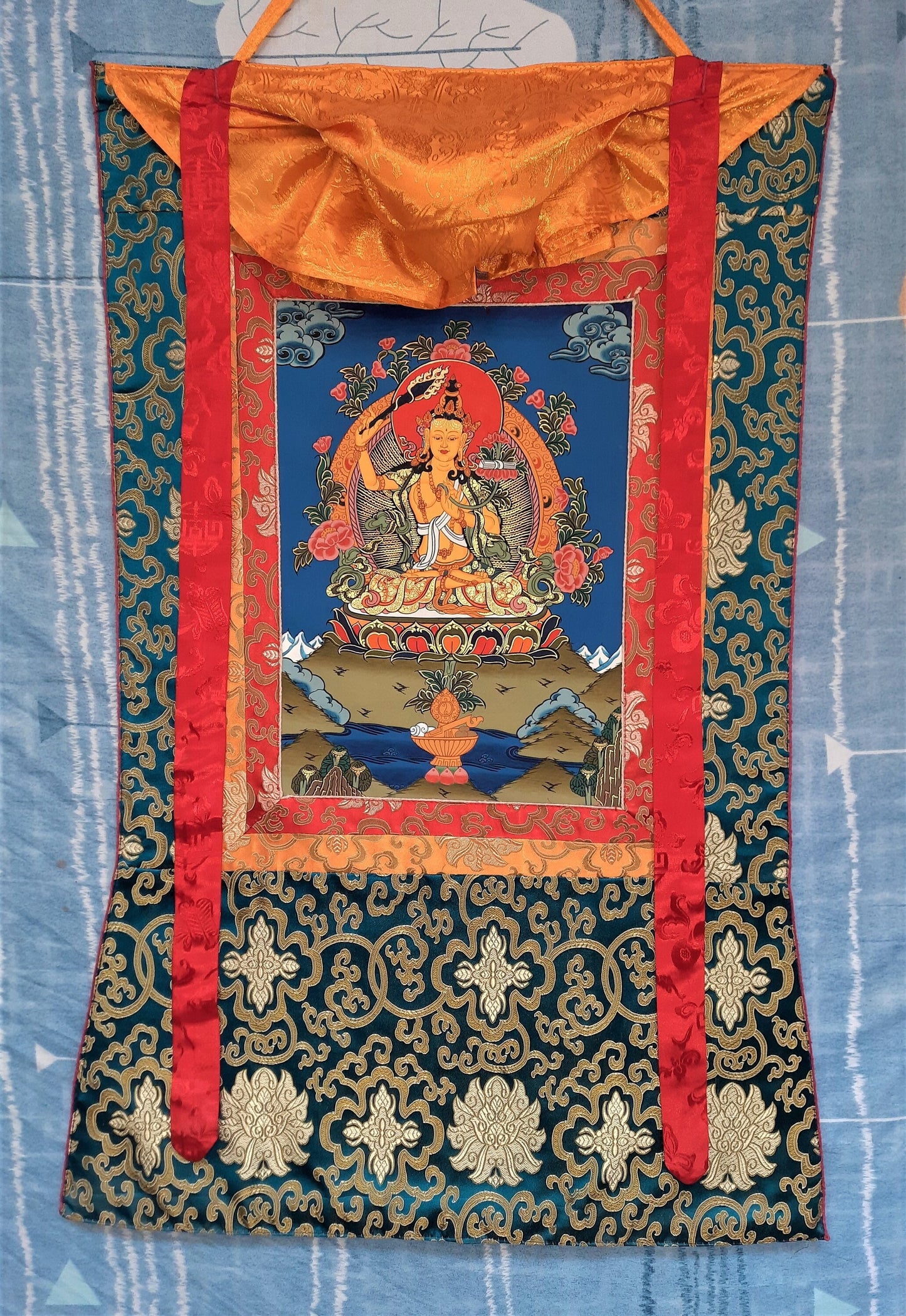 Hand-Painted Manjushri Thangka – Tibetan God of Wisdom, Silk Framed