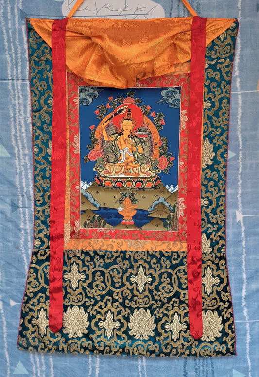 Hand-Painted Manjushri Thangka – Tibetan God of Wisdom, Silk Framed