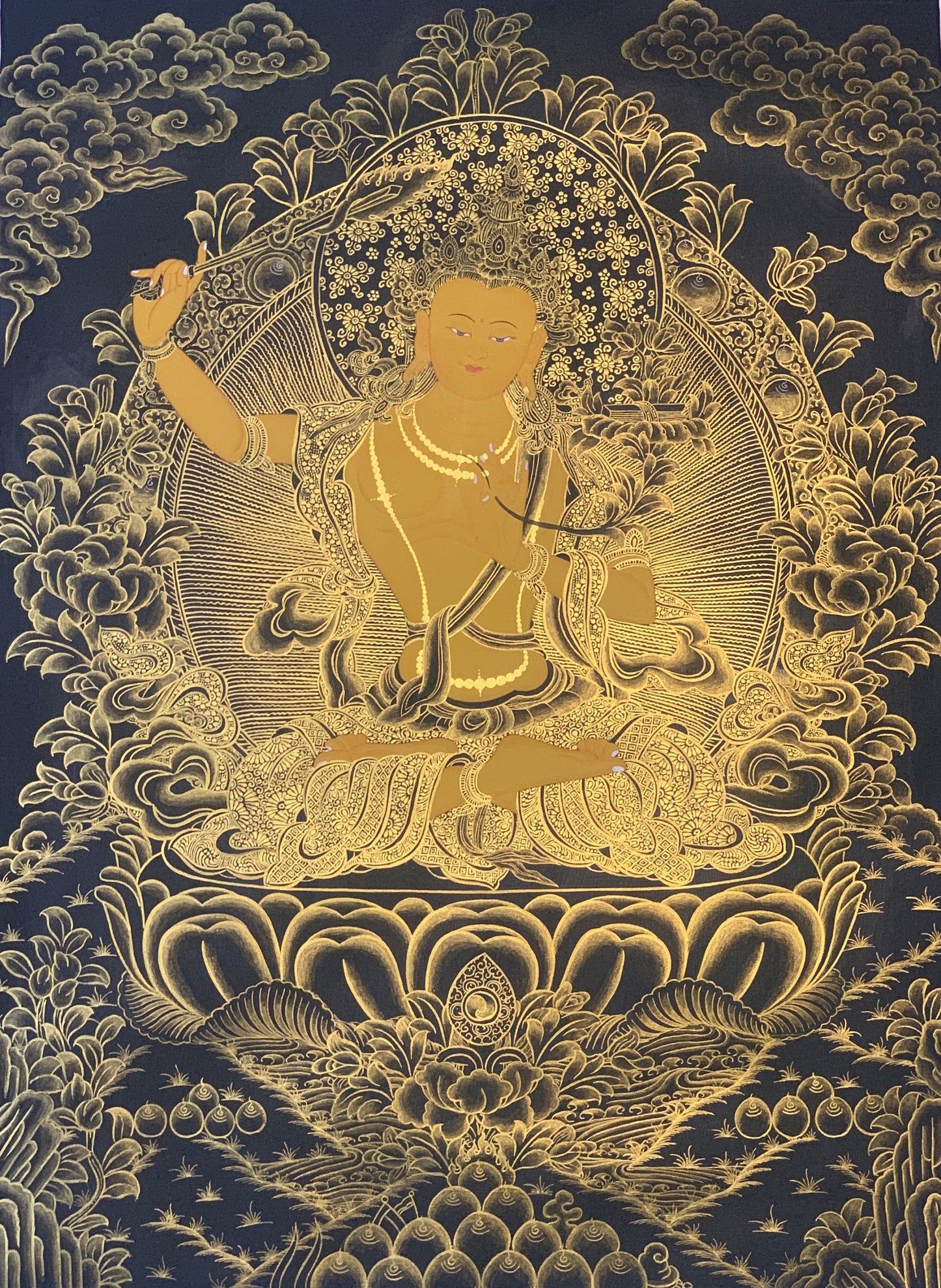 Hand Painted Manjushri Thangka, Tibetan God of Wisdom Art