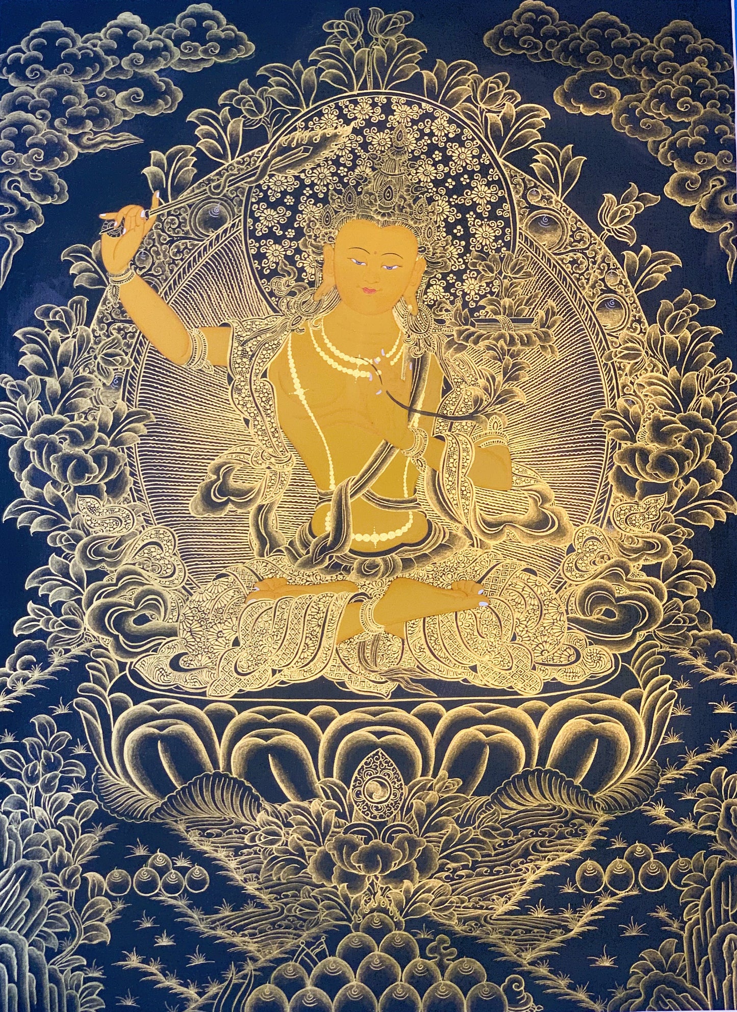 Hand Painted Manjushri Thangka, Tibetan God of Wisdom Art