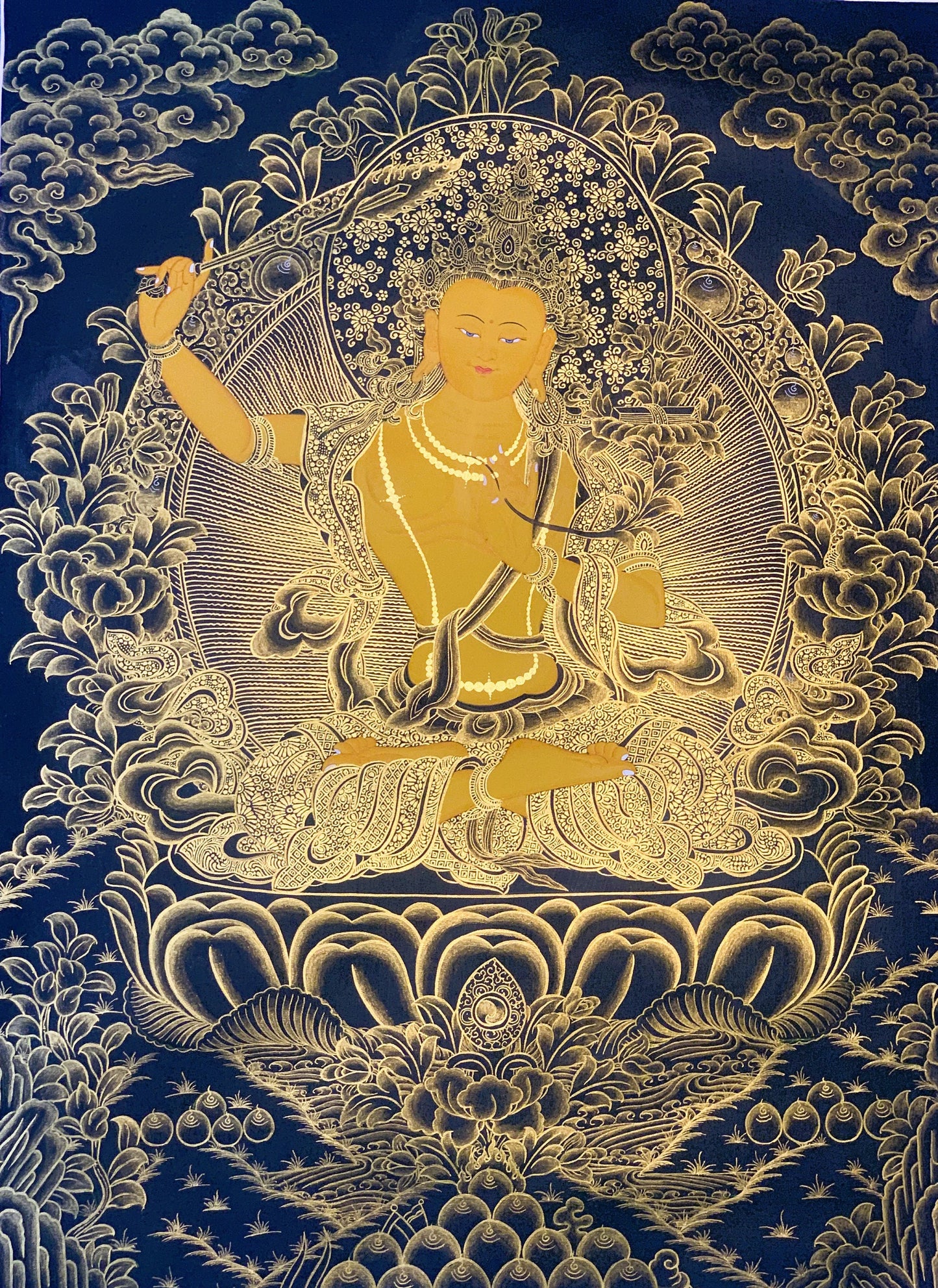 Hand Painted Manjushri Thangka, Tibetan God of Wisdom Art