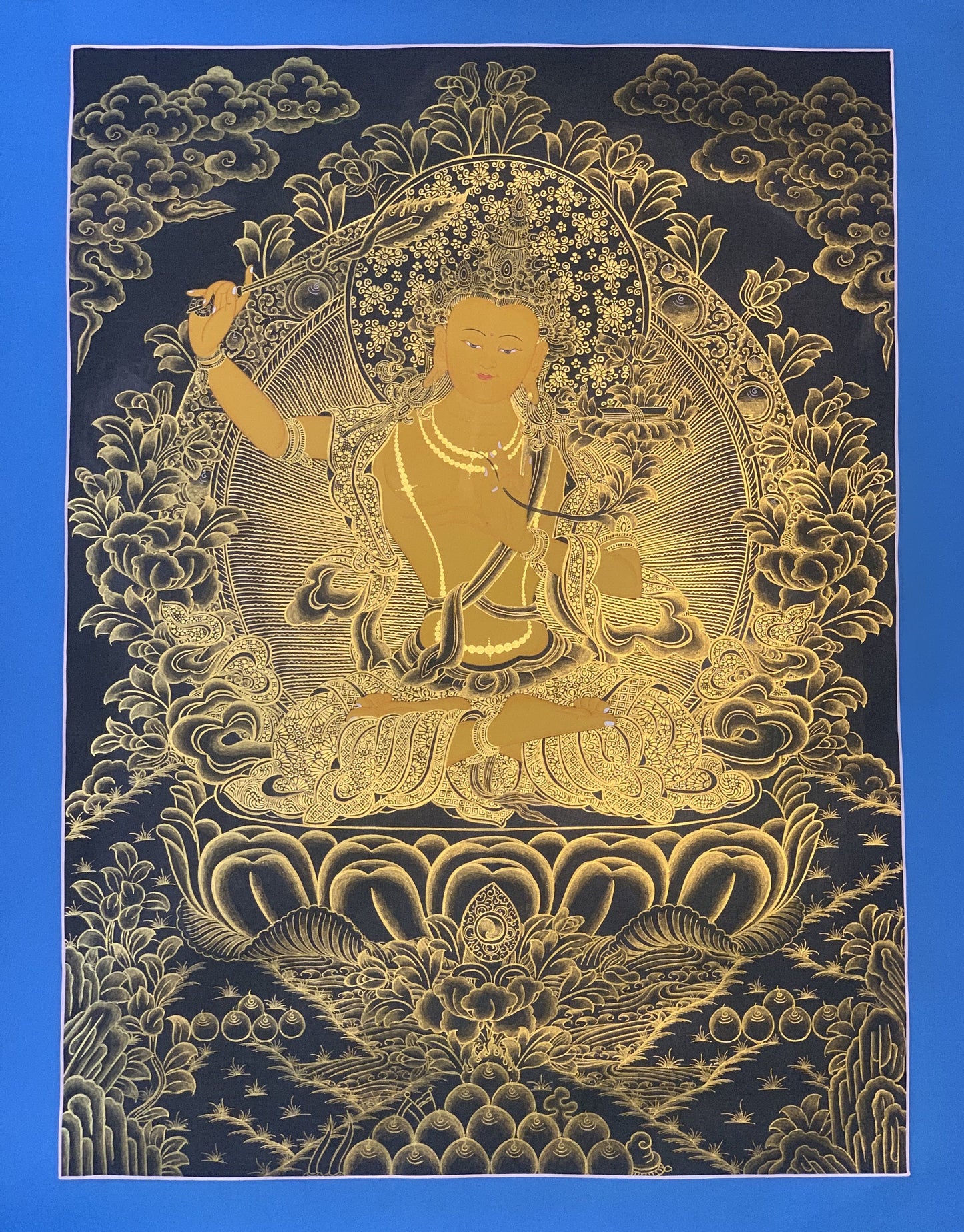 Hand Painted Manjushri Thangka, Tibetan God of Wisdom Art