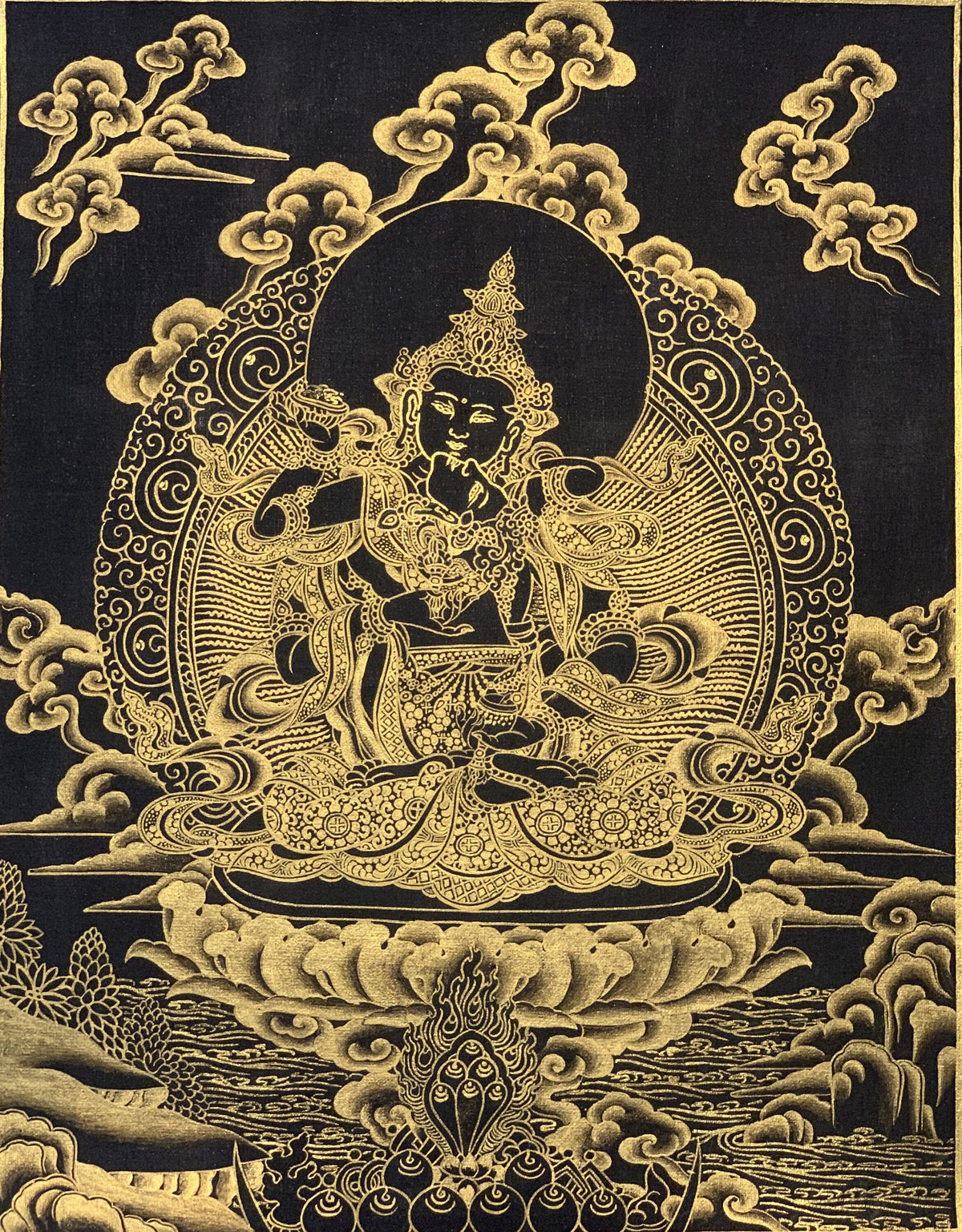 Vajrasattva Shakti Yab Yum Black and Gold Tibetan Thangka Painting Original Art  10 x 13- Inches