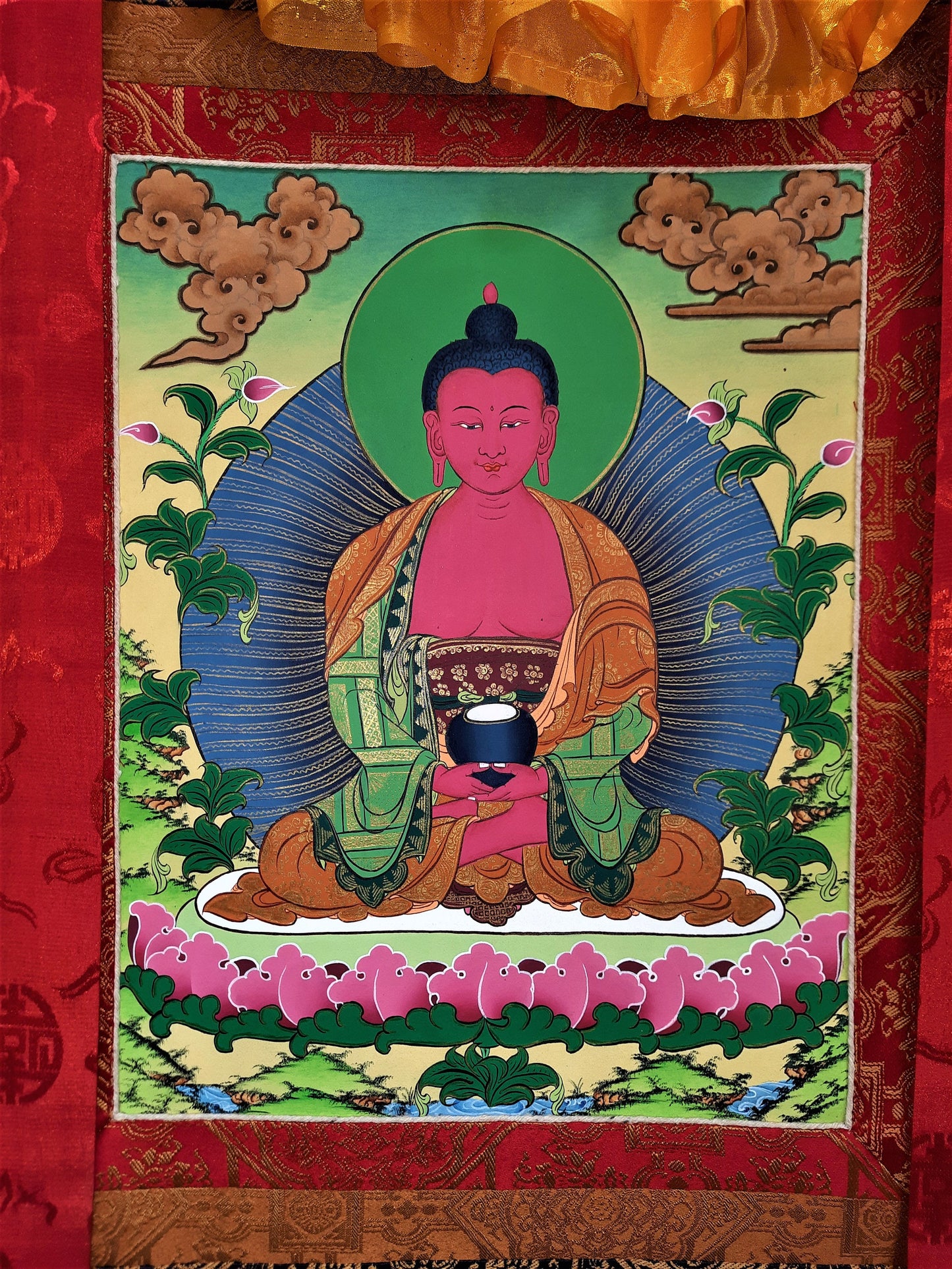 Hand-Painted Amitabha Buddha Thangka: 24k Gold, Tibetan Silk Frame