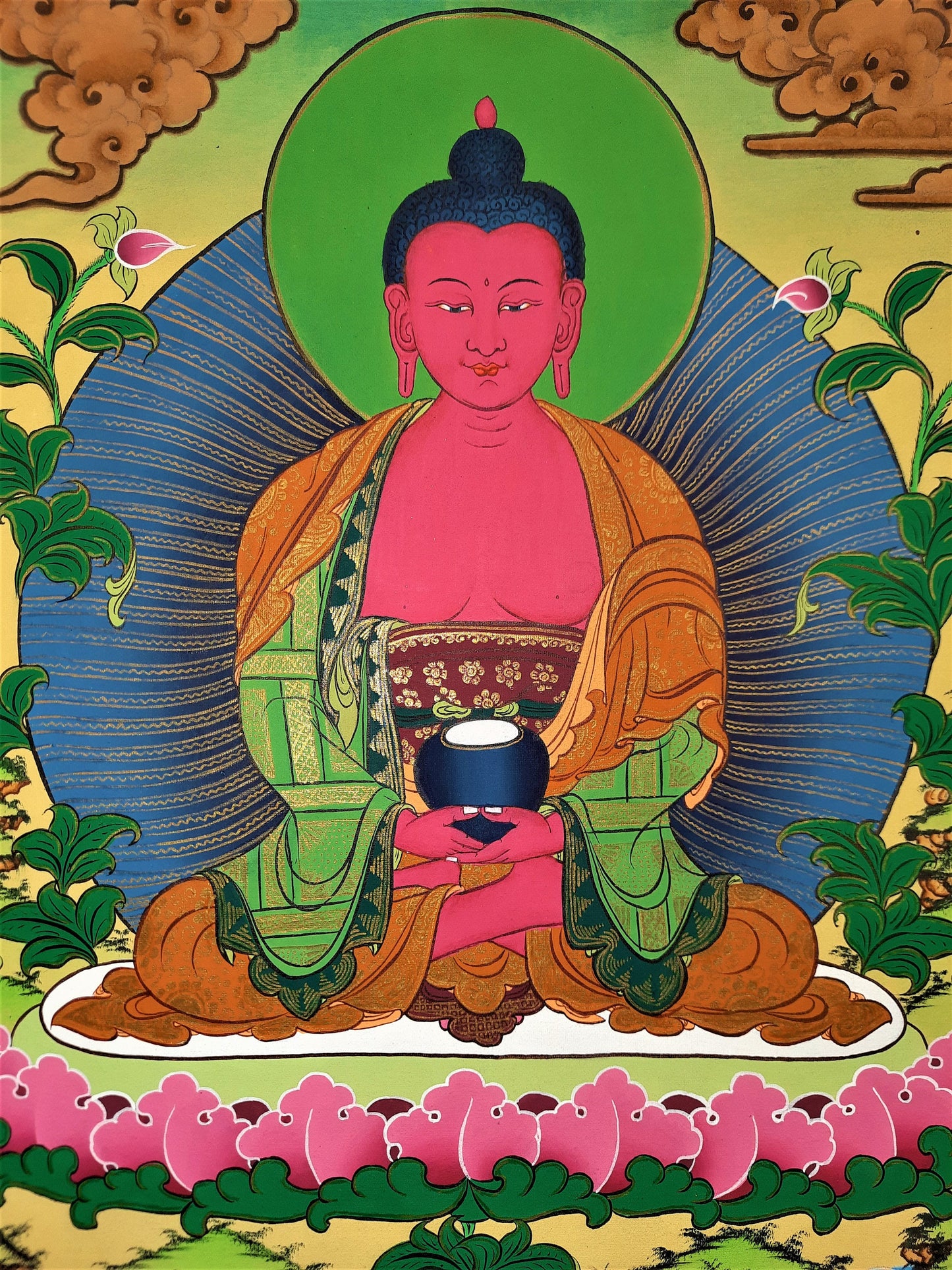 Hand-Painted Amitabha Buddha Thangka: 24k Gold, Tibetan Silk Frame