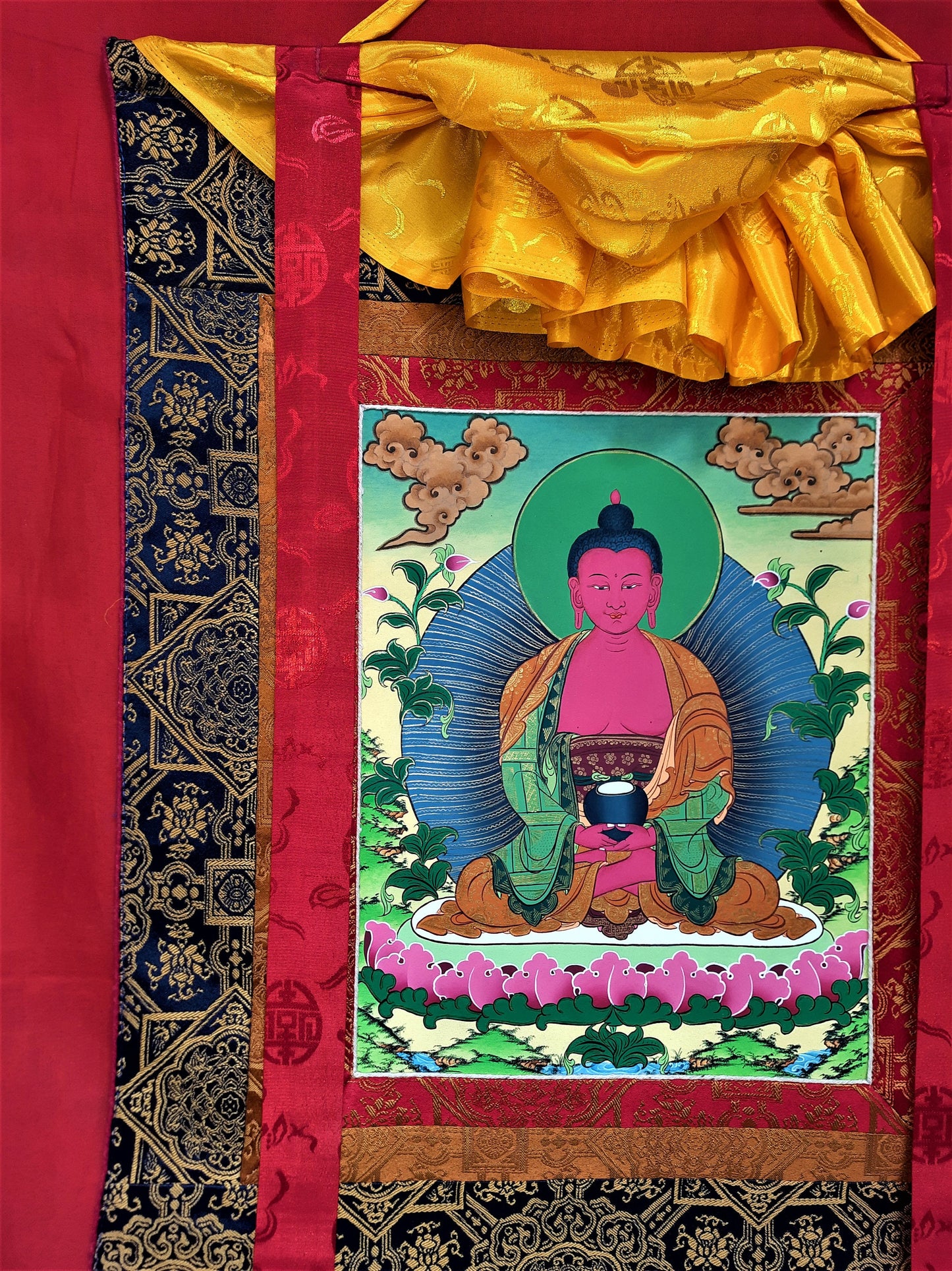 Hand-Painted Amitabha Buddha Thangka: 24k Gold, Tibetan Silk Frame
