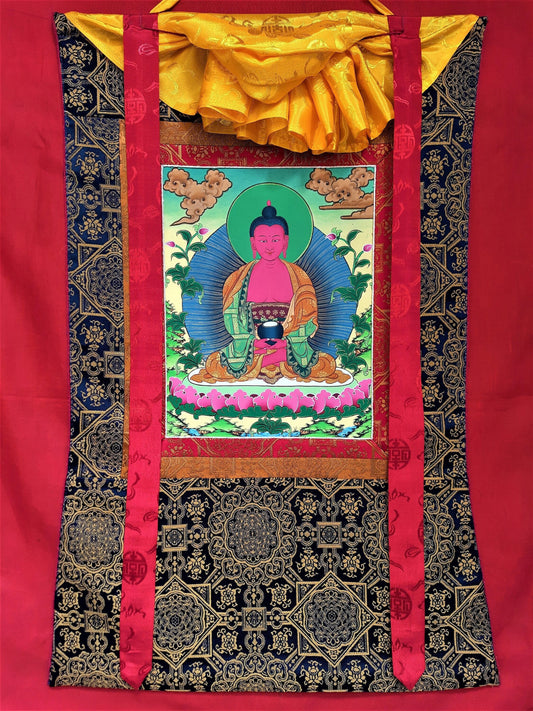 Hand-Painted Amitabha Buddha Thangka: 24k Gold, Tibetan Silk Frame