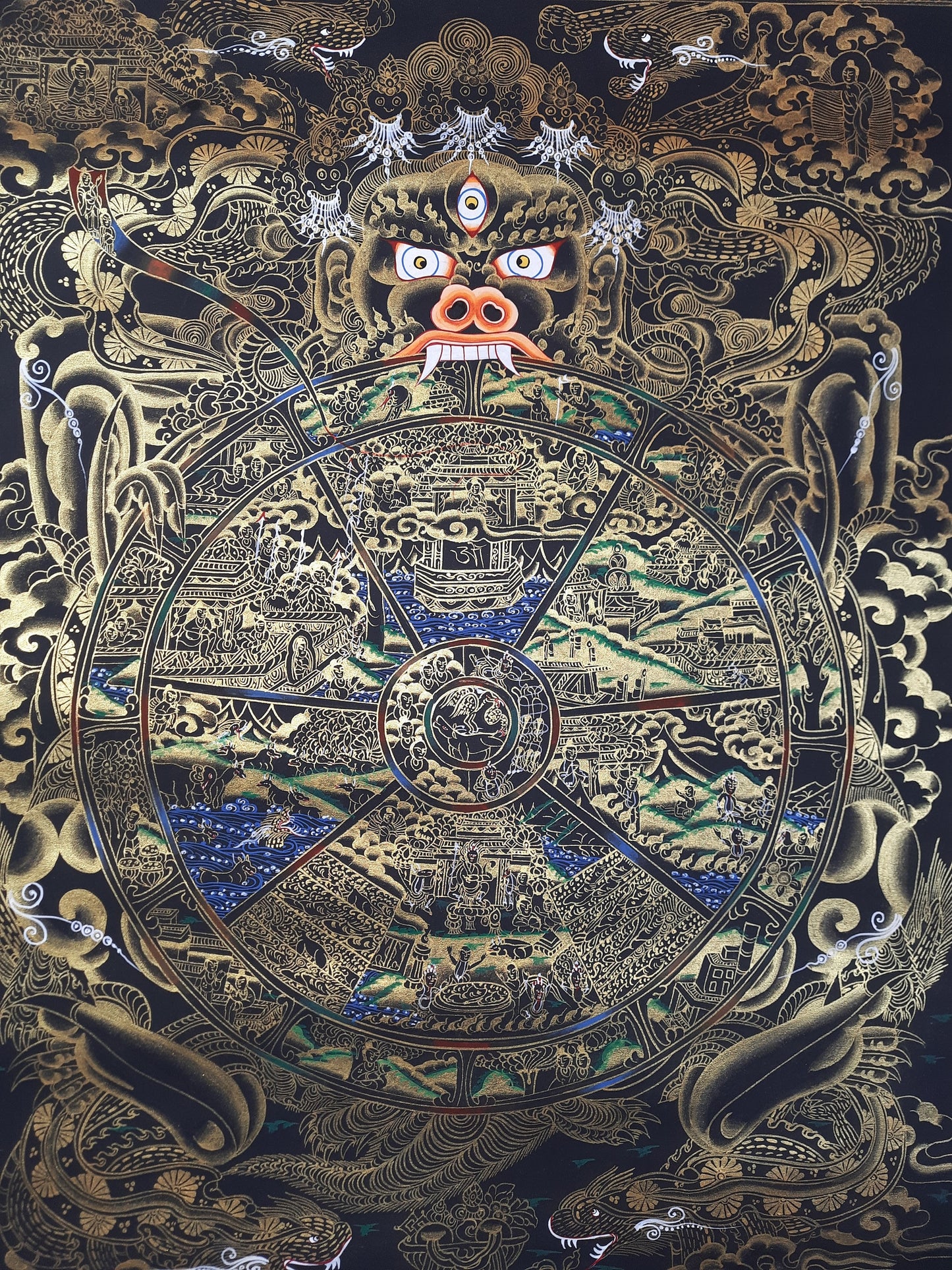 Hand-Painted Wheel of Life Mandala Thangka – Tibetan Buddhist Wall Hanging