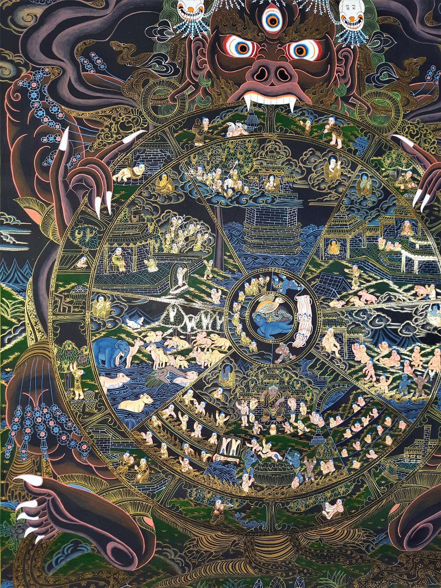 Hand-Painted Wheel of Life Thangka, 24k Gold Tibetan Mandala