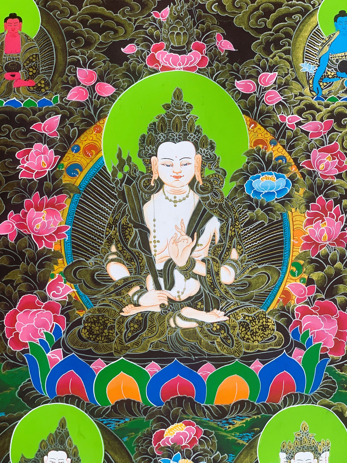 Hand-Painted White Manjushri Tibetan Thangka Painting  Meditation Art (17 x 24 Inch)