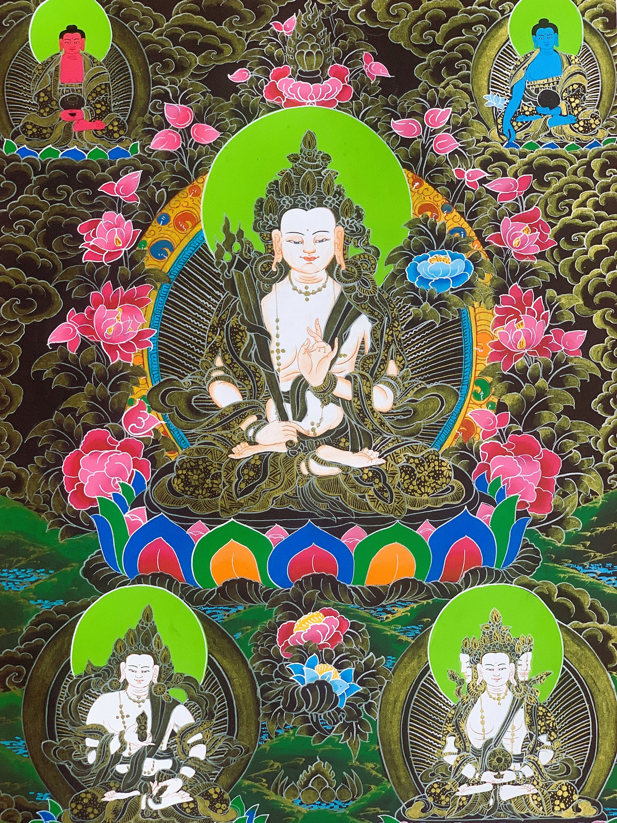 Hand-Painted White Manjushri Tibetan Thangka Painting  Meditation Art (17 x 24 Inch)
