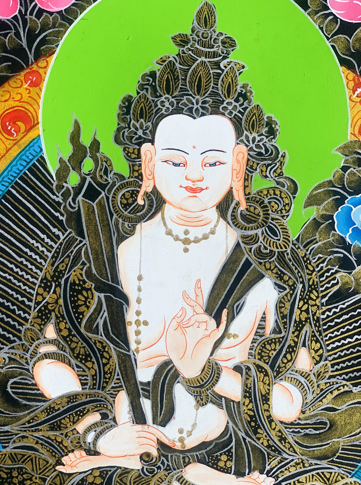 Hand-Painted White Manjushri Tibetan Thangka Painting  Meditation Art (17 x 24 Inch)