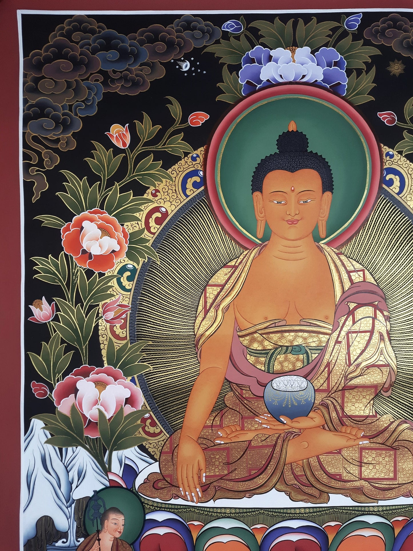Hand-Painted Shakyamuni Buddha Large Thangka with Disciples, Tibetan Art
