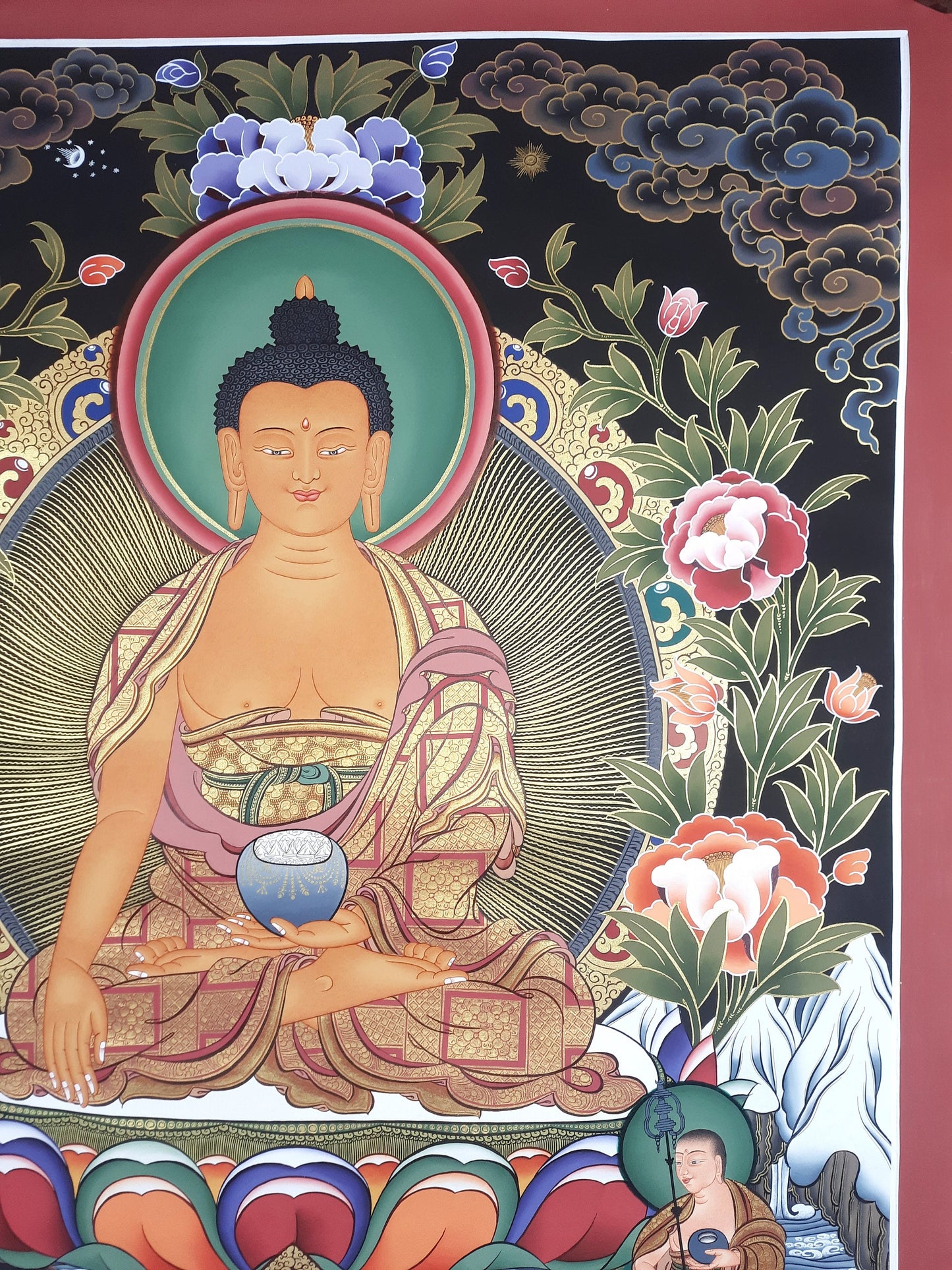 Hand-Painted Shakyamuni Buddha Large Thangka with Disciples, Tibetan Art