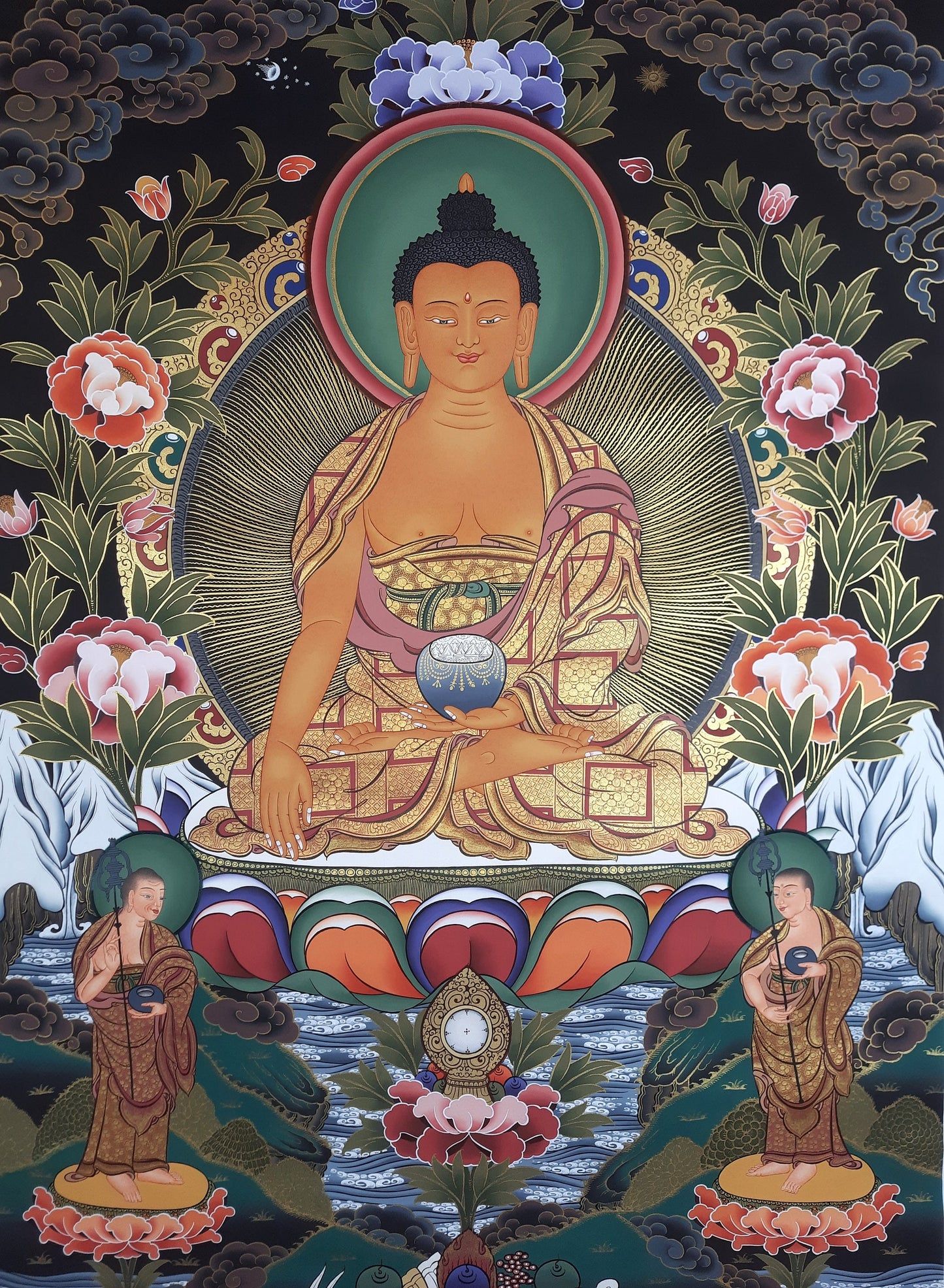Hand-Painted Shakyamuni Buddha Large Thangka with Disciples, Tibetan Art