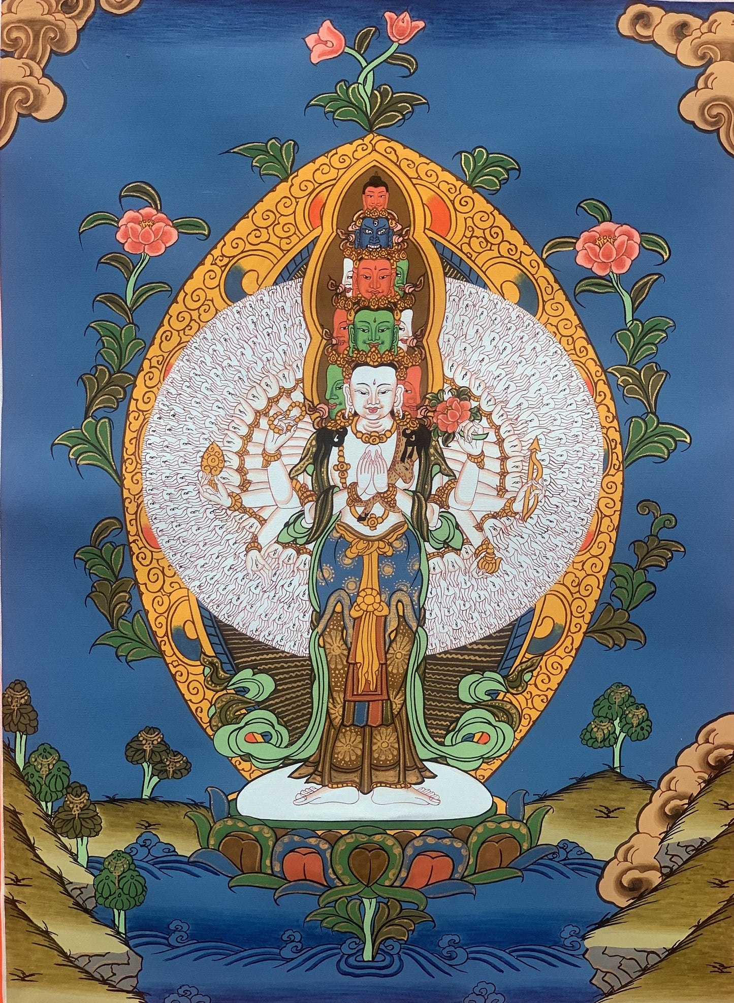 Original Hand-painted 1000 Armed Sahasrabhuja Avalokiteshvara Lokeshvara Chenrezig Tibetan Thangka Painting  with Silk Brocade