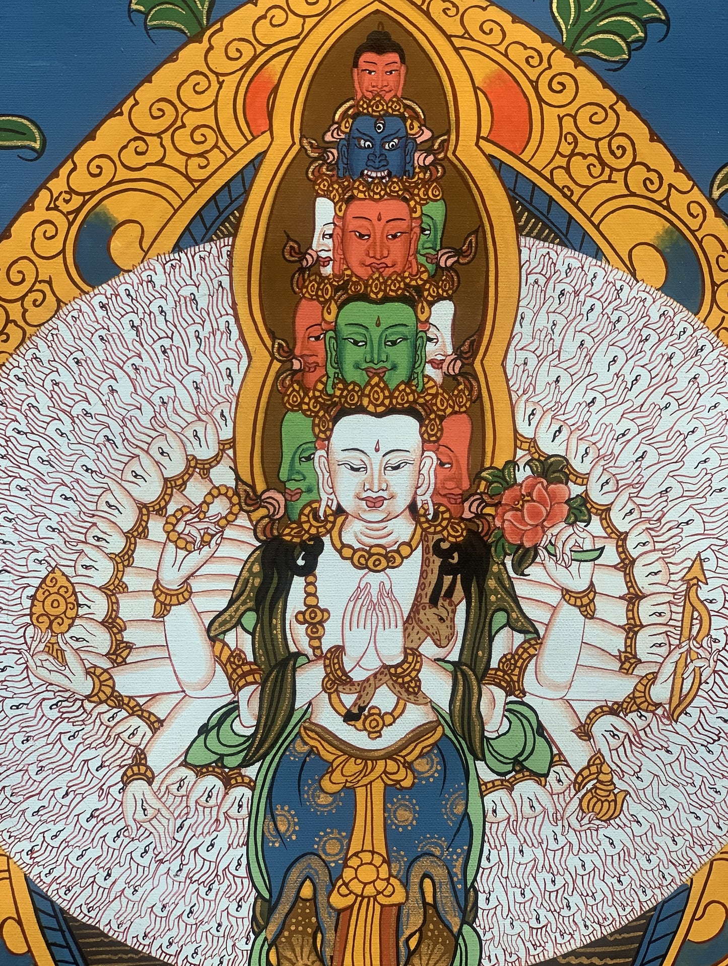 Original Hand-painted 1000 Armed Sahasrabhuja Avalokiteshvara Lokeshvara Chenrezig Tibetan Thangka Painting  with Silk Brocade