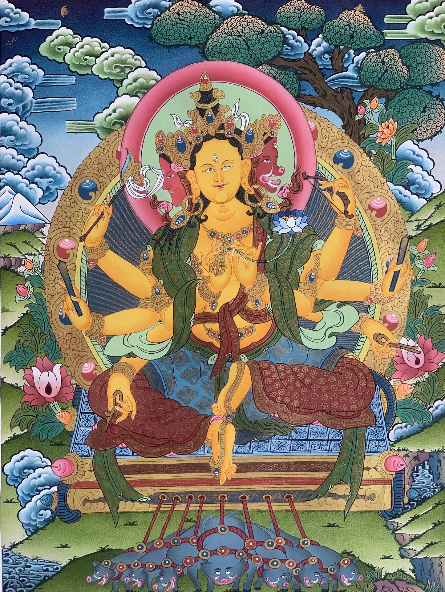 Marichi Thangka Painting | Hand-Painted Tibetan Goddess of Dawn Art with Silk Brocade