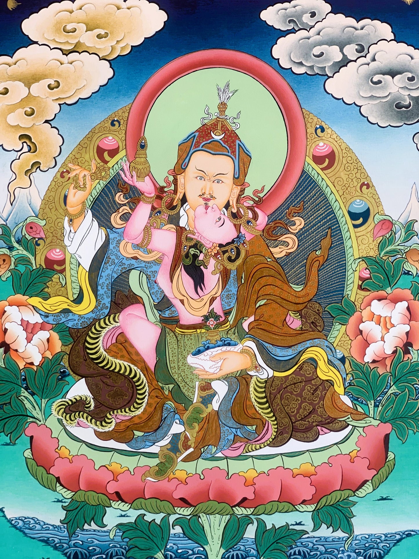 Guru Padmasambhava with Shakti Mandarava Thangka Hand Painted Tibetan Buddhist Art