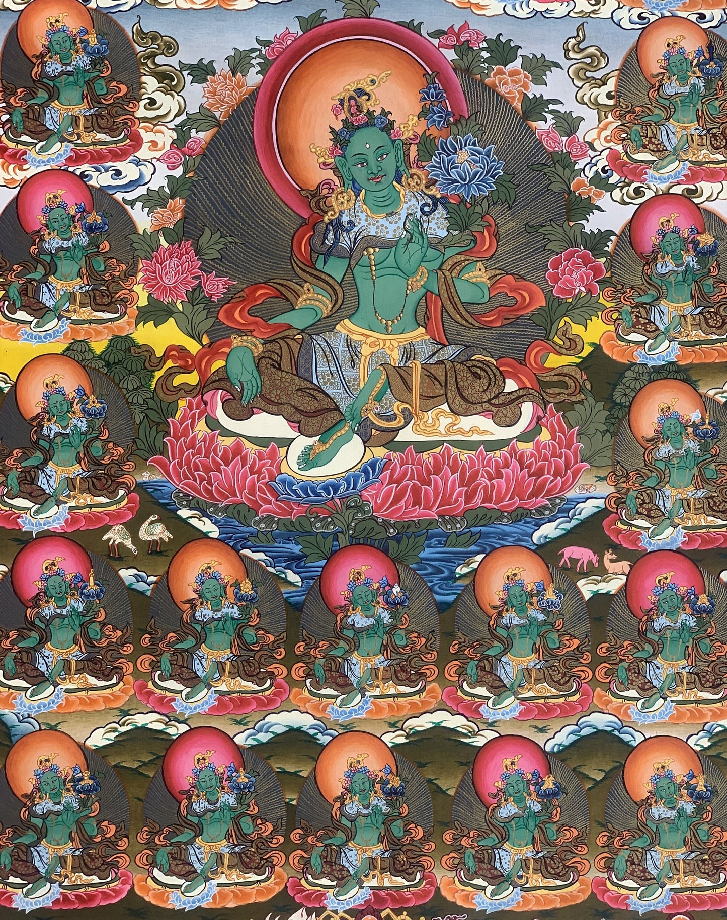 Hand-Painted 21 Green Tara Thangka Painting on Silk Brocade