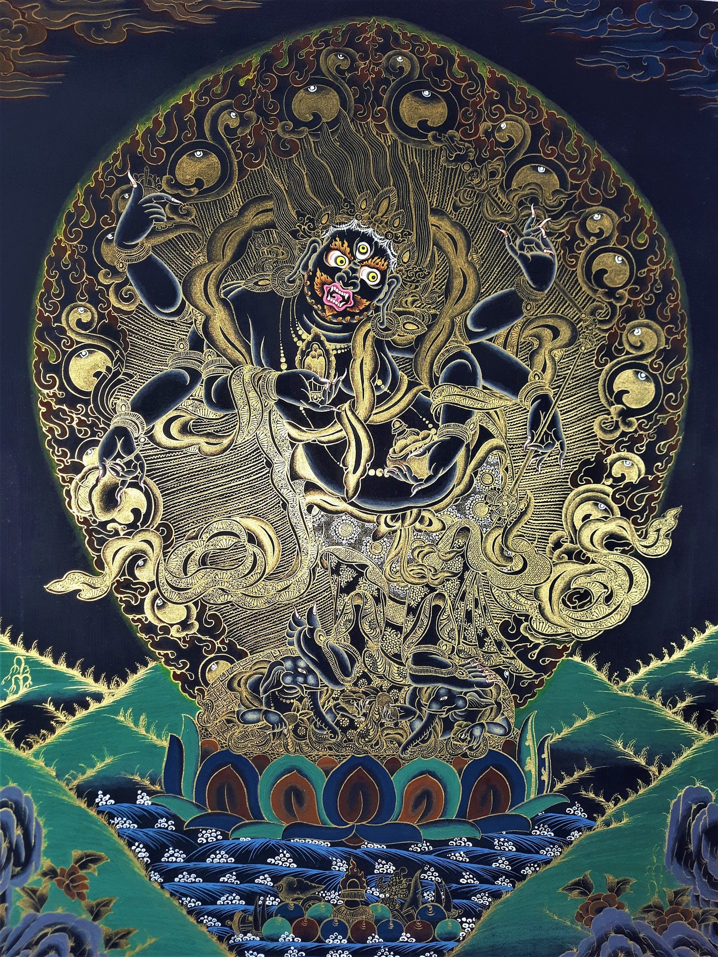 White Mahakala Thangka | Hand-Painted Six-Armed Tibetan Protector Deity Art | Silk Brocade
