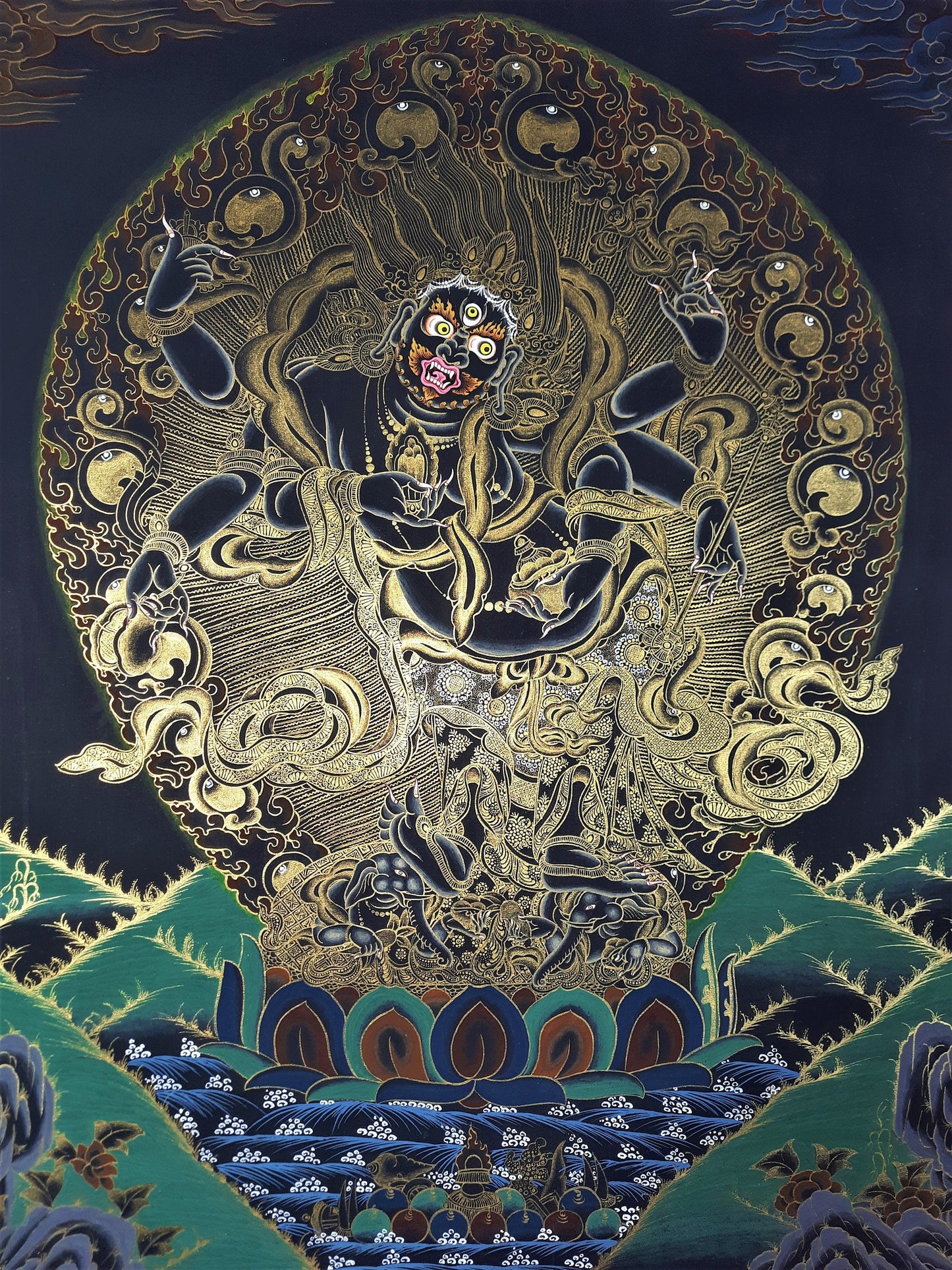 White Mahakala Thangka | Hand-Painted Six-Armed Tibetan Protector Deity Art | Silk Brocade