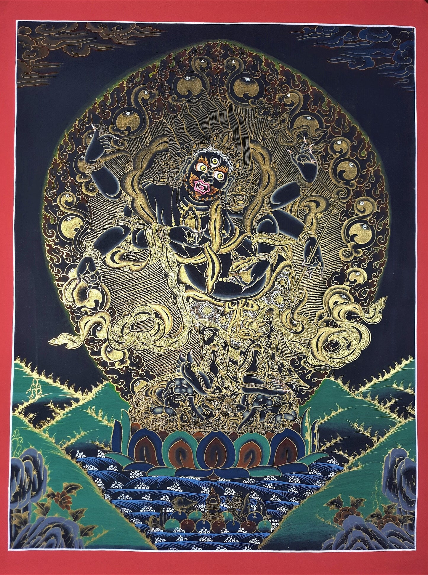White Mahakala Thangka | Hand-Painted Six-Armed Tibetan Protector Deity Art | Silk Brocade