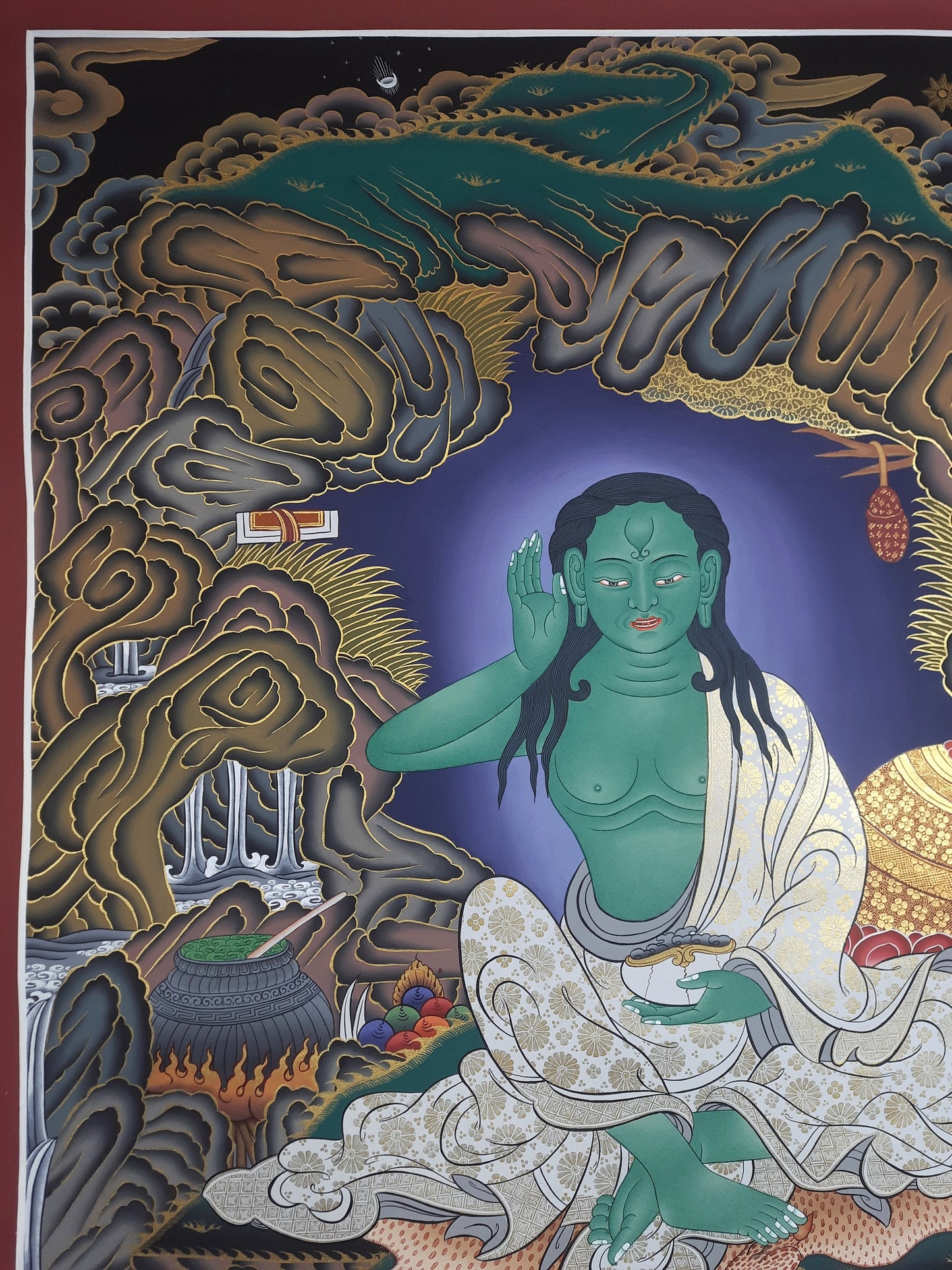 Hand Painted Milarepa Large Thangka – Tibetan Yogi Art from Nepal