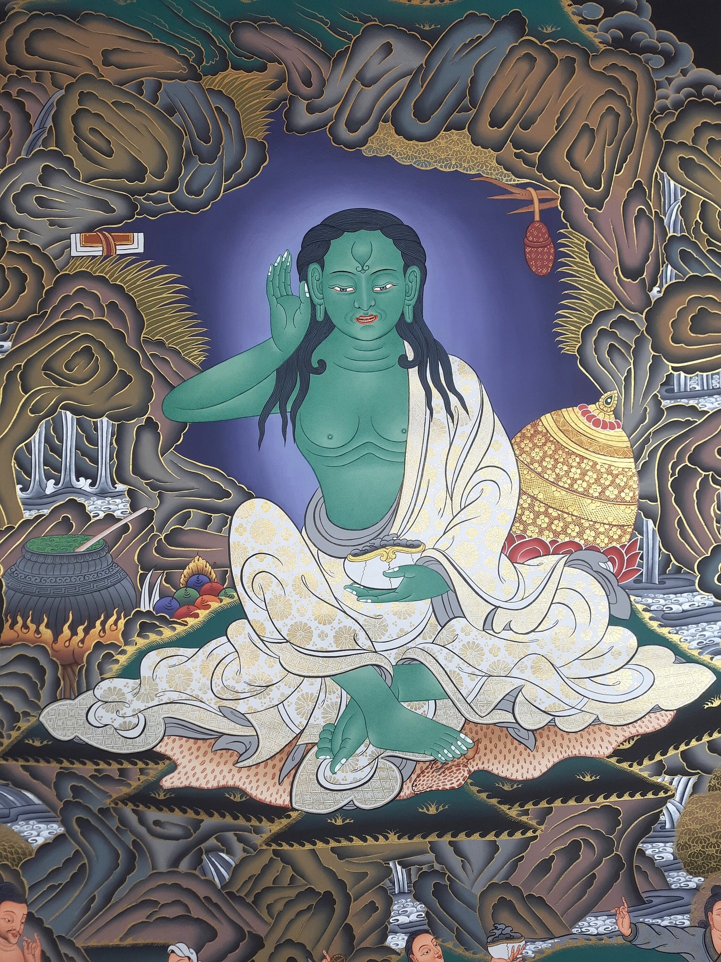 Hand Painted Milarepa Large Thangka – Tibetan Yogi Art from Nepal