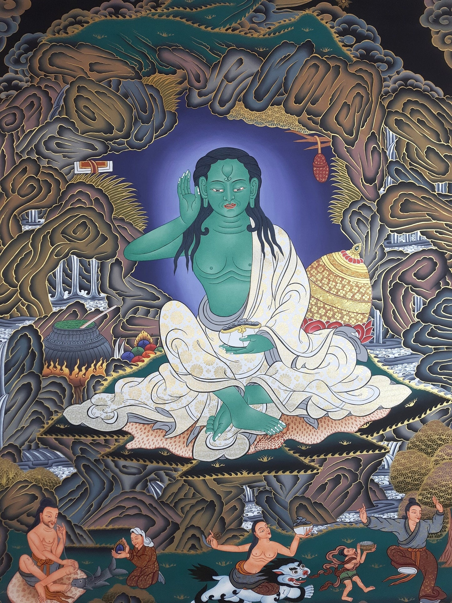 Hand Painted Milarepa Large Thangka – Tibetan Yogi Art from Nepal