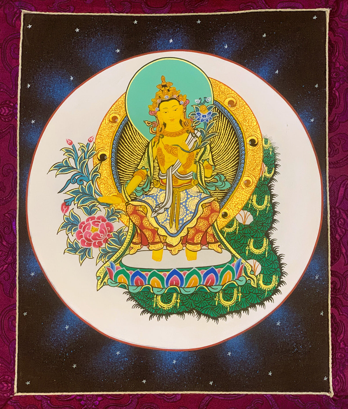 Maitreya Buddha/ Future Buddha Tibetan Thangka Painting Original Art Bordered with Silk