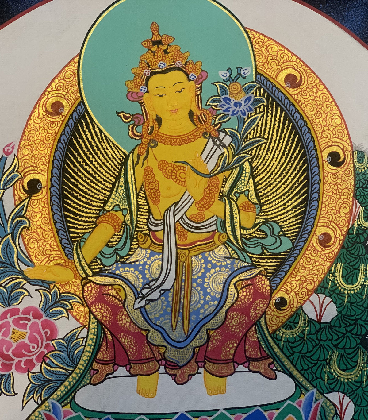 Maitreya Buddha/ Future Buddha Tibetan Thangka Painting Original Art Bordered with Silk